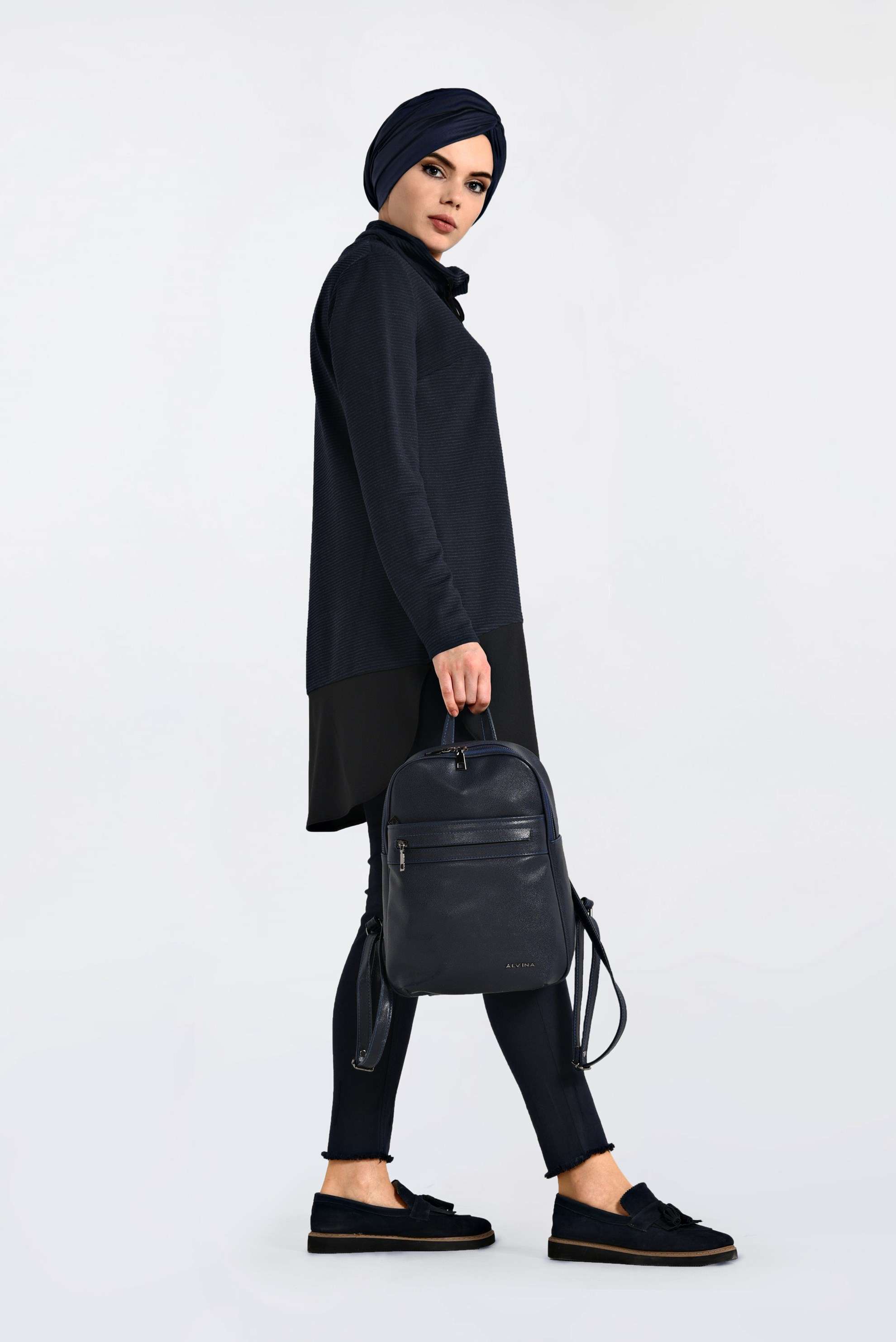 Tesettür giyim LACİVERT YAKASI BAĞCIKLI FİTİLLİ TUNİK 4831 