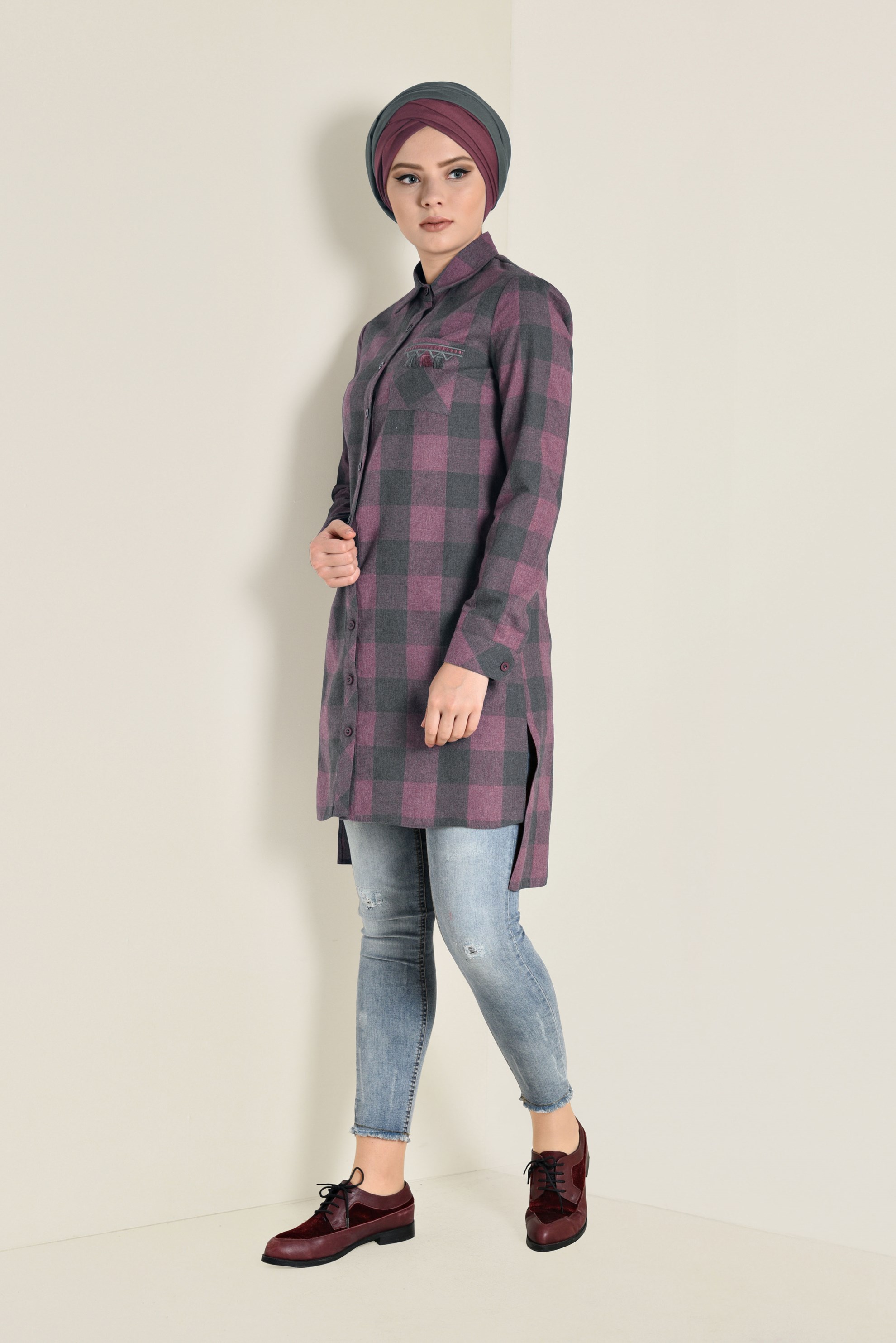 Tesettür giyim BORDO EKOSE DESENLİ TUNİK 4699-1