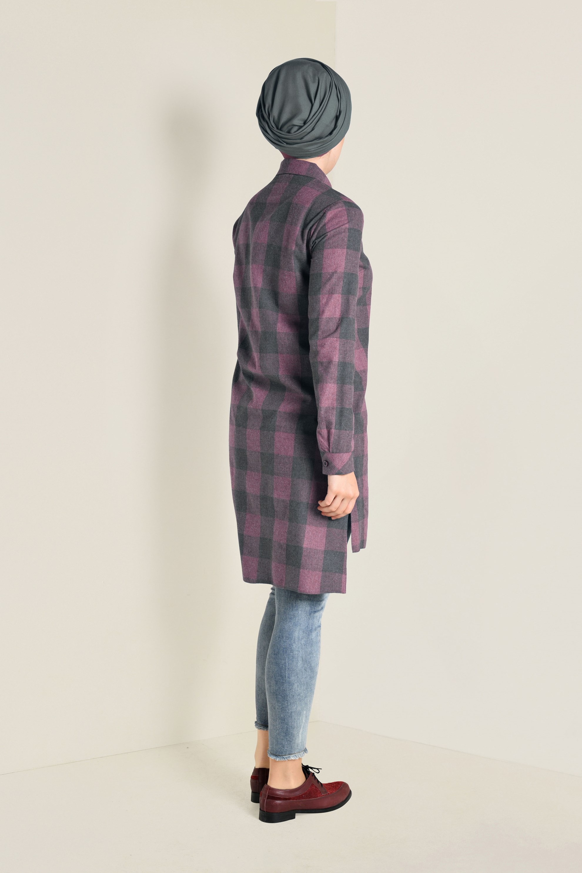 Tesettür giyim BORDO EKOSE DESENLİ TUNİK 4699-1