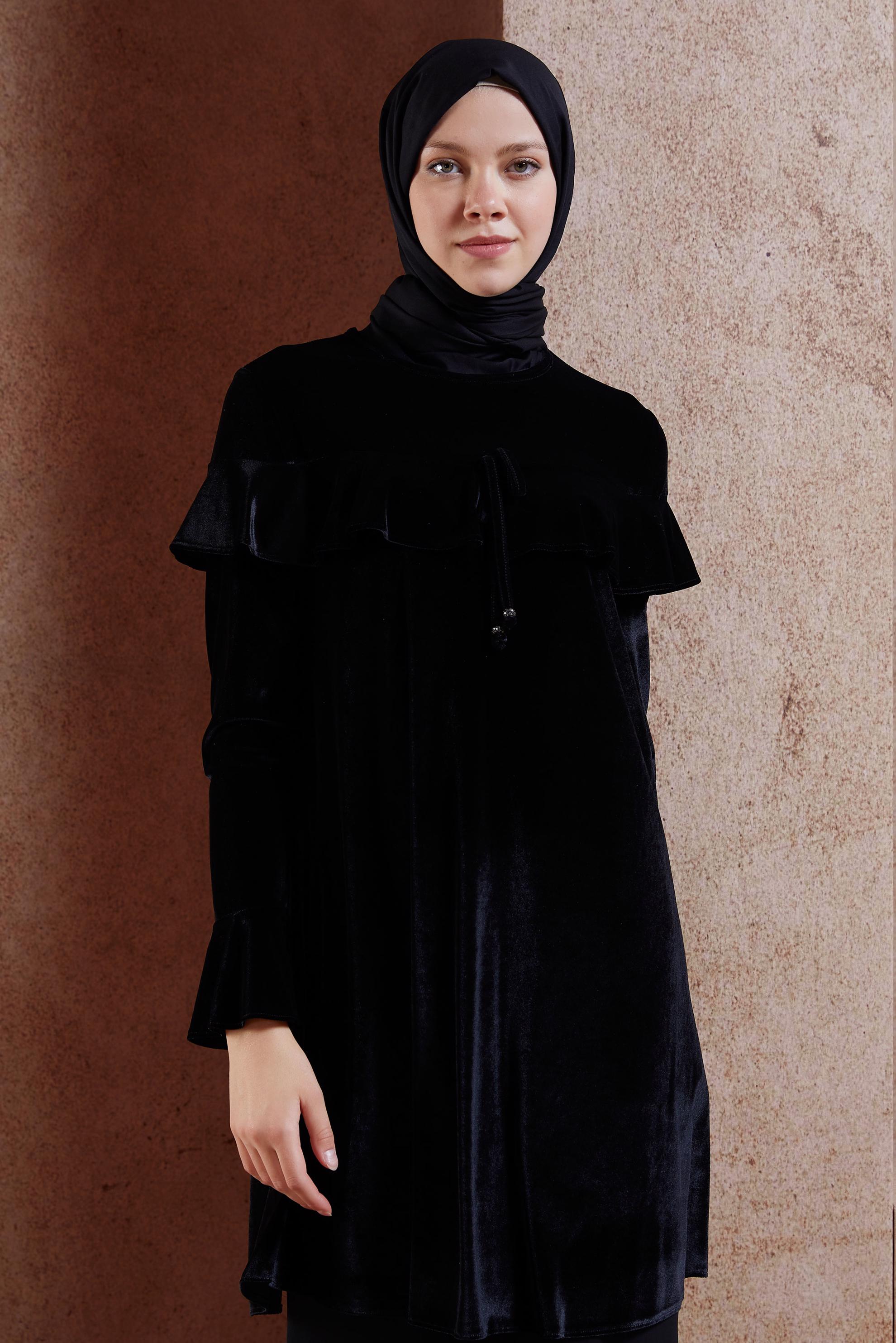 Vêtements hijab NOIR TUNIQUE EN VELOURS À DÉTAILS VOLANTS 4789-1