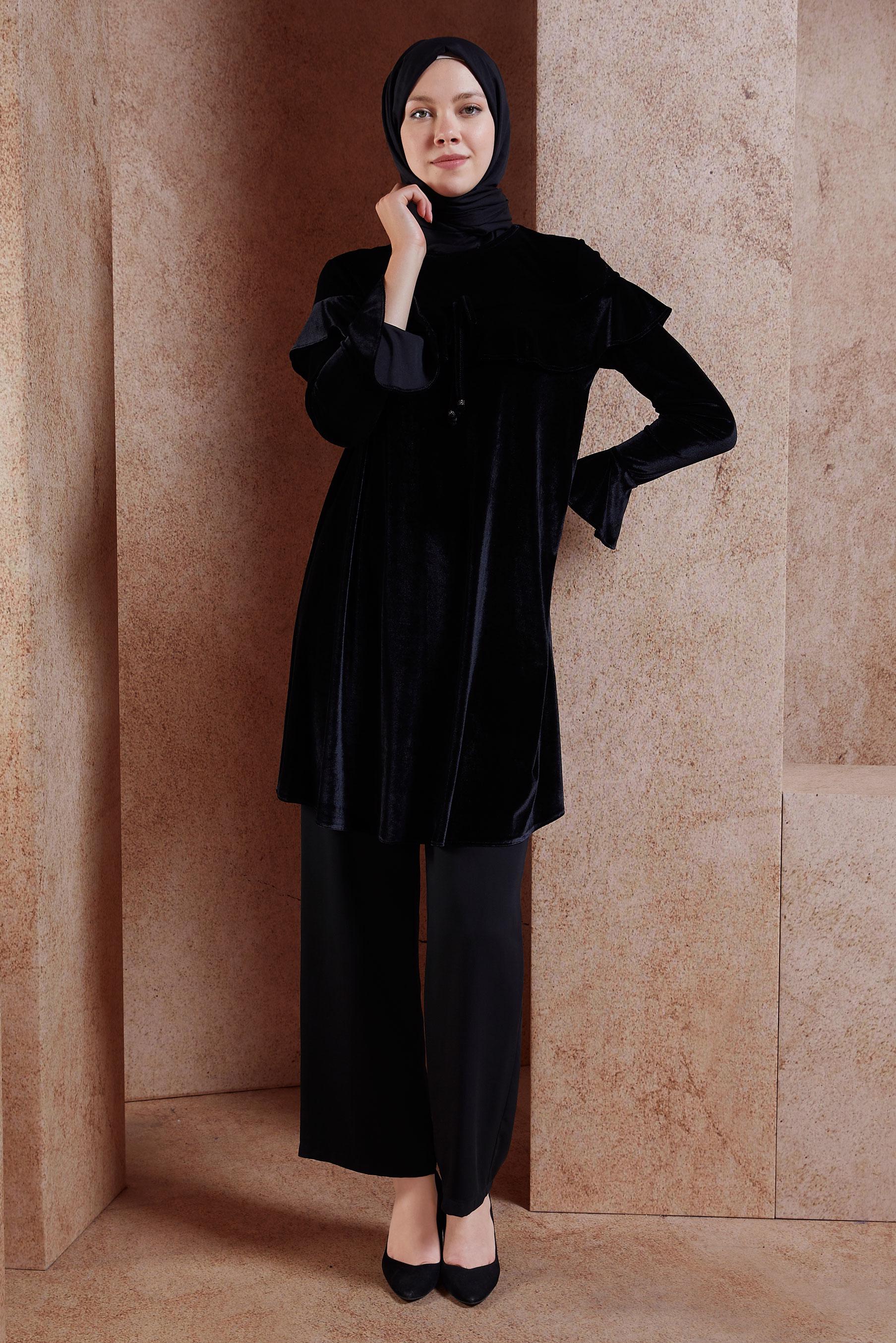 Vêtements hijab NOIR TUNIQUE EN VELOURS À DÉTAILS VOLANTS 4789-1