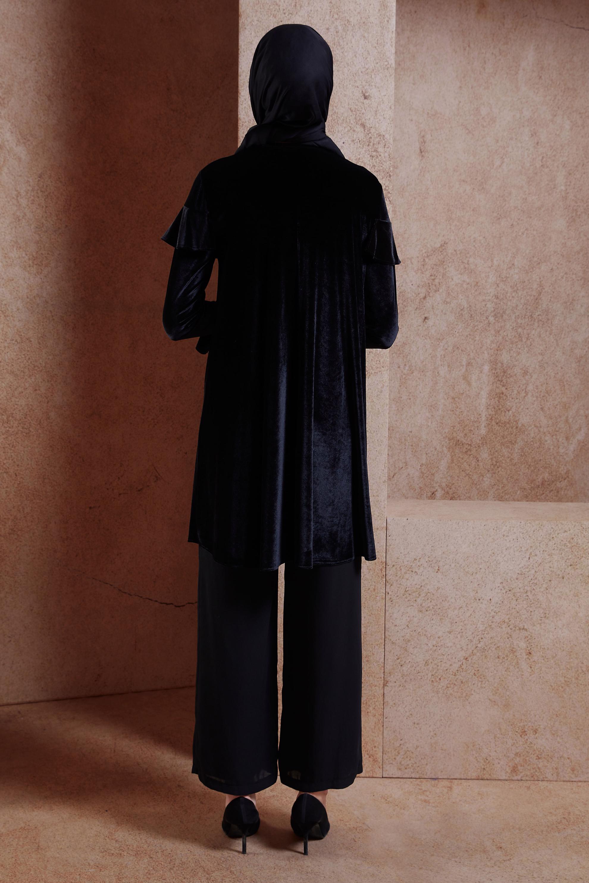 Vêtements hijab NOIR TUNIQUE EN VELOURS À DÉTAILS VOLANTS 4789-1