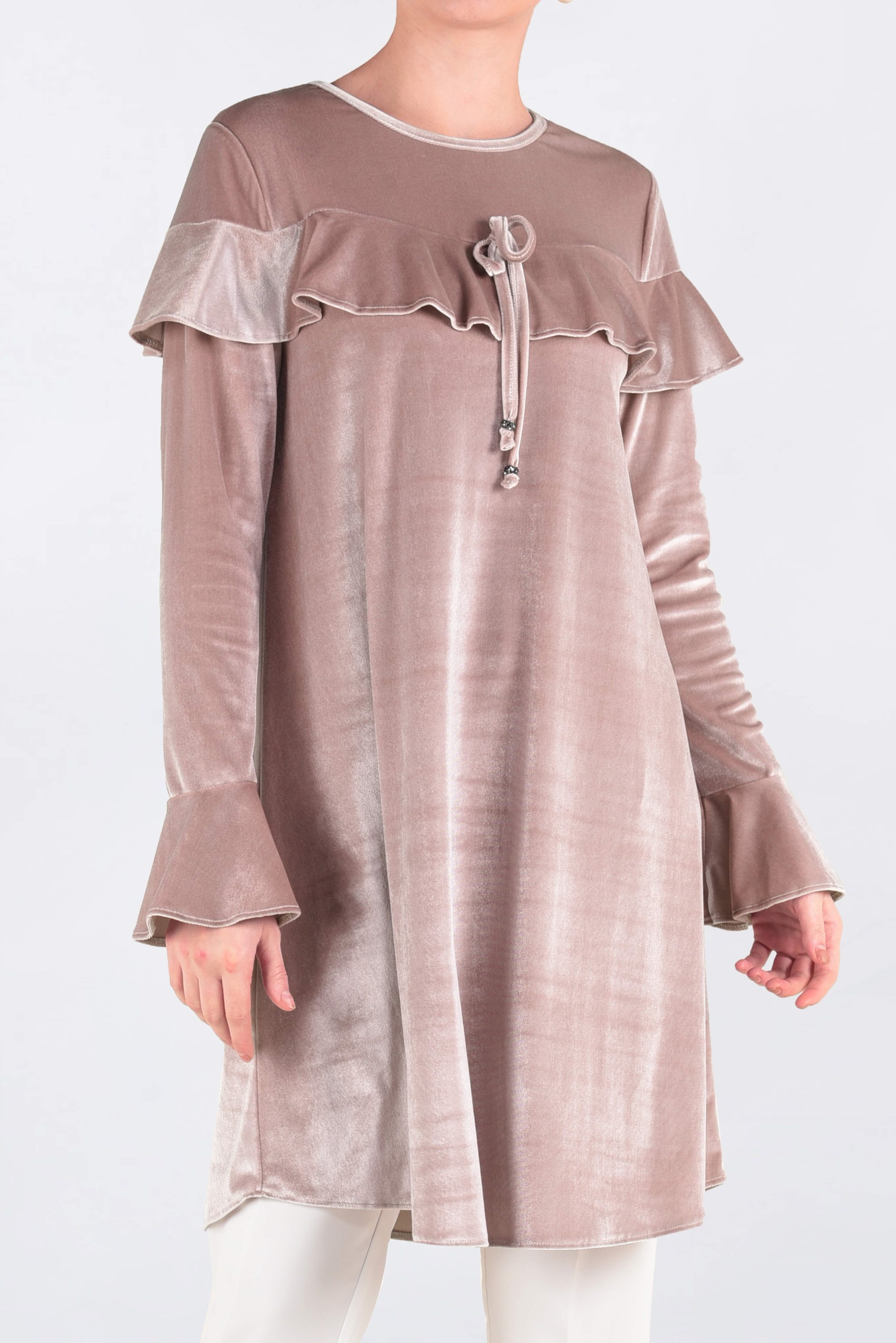 Tesettür giyim PUDRA VOLAN DETAYLI KADİFE TUNİK 4789-1