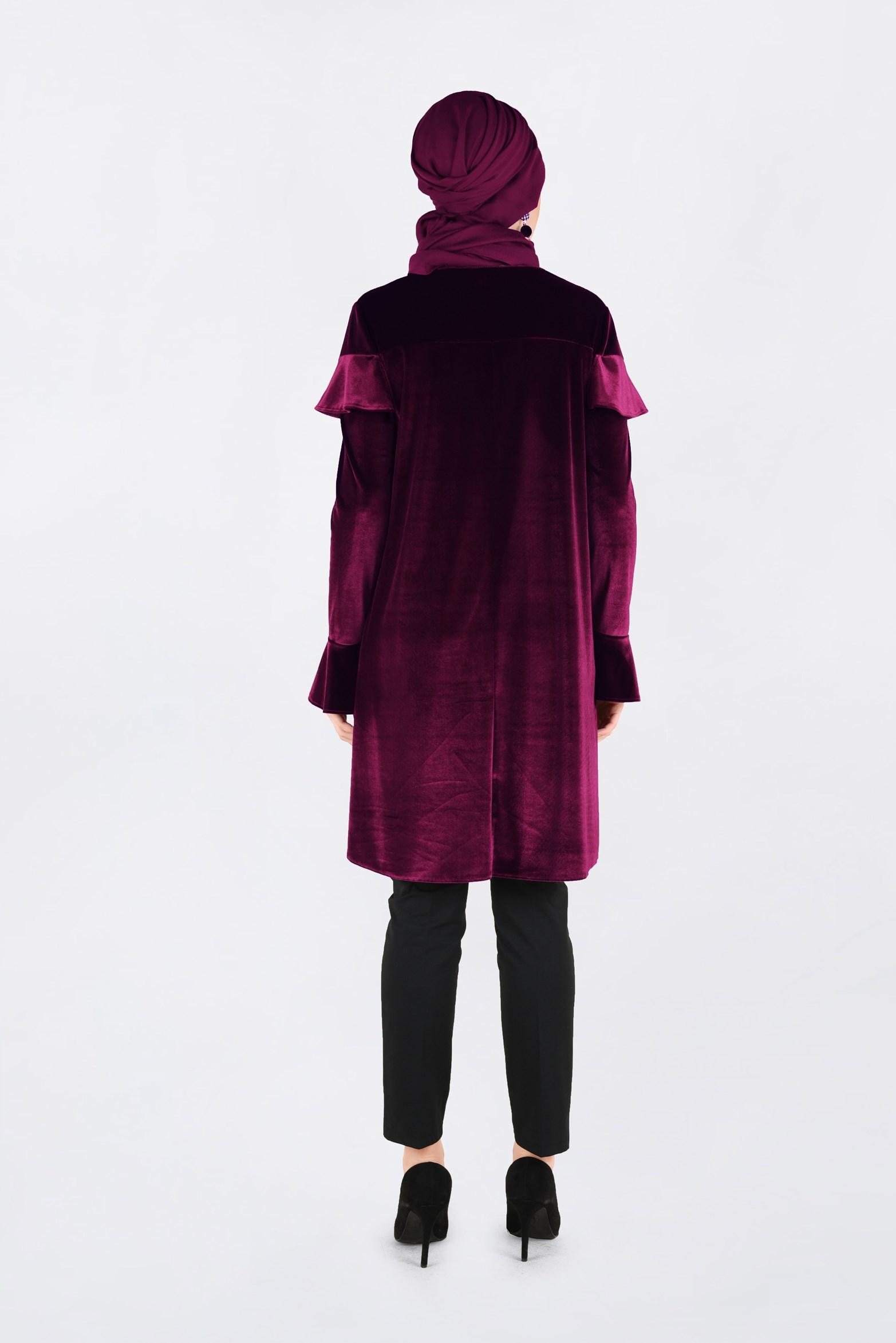 Tesettür giyim BORDO VOLAN DETAYLI KADİFE TUNİK 4789-1