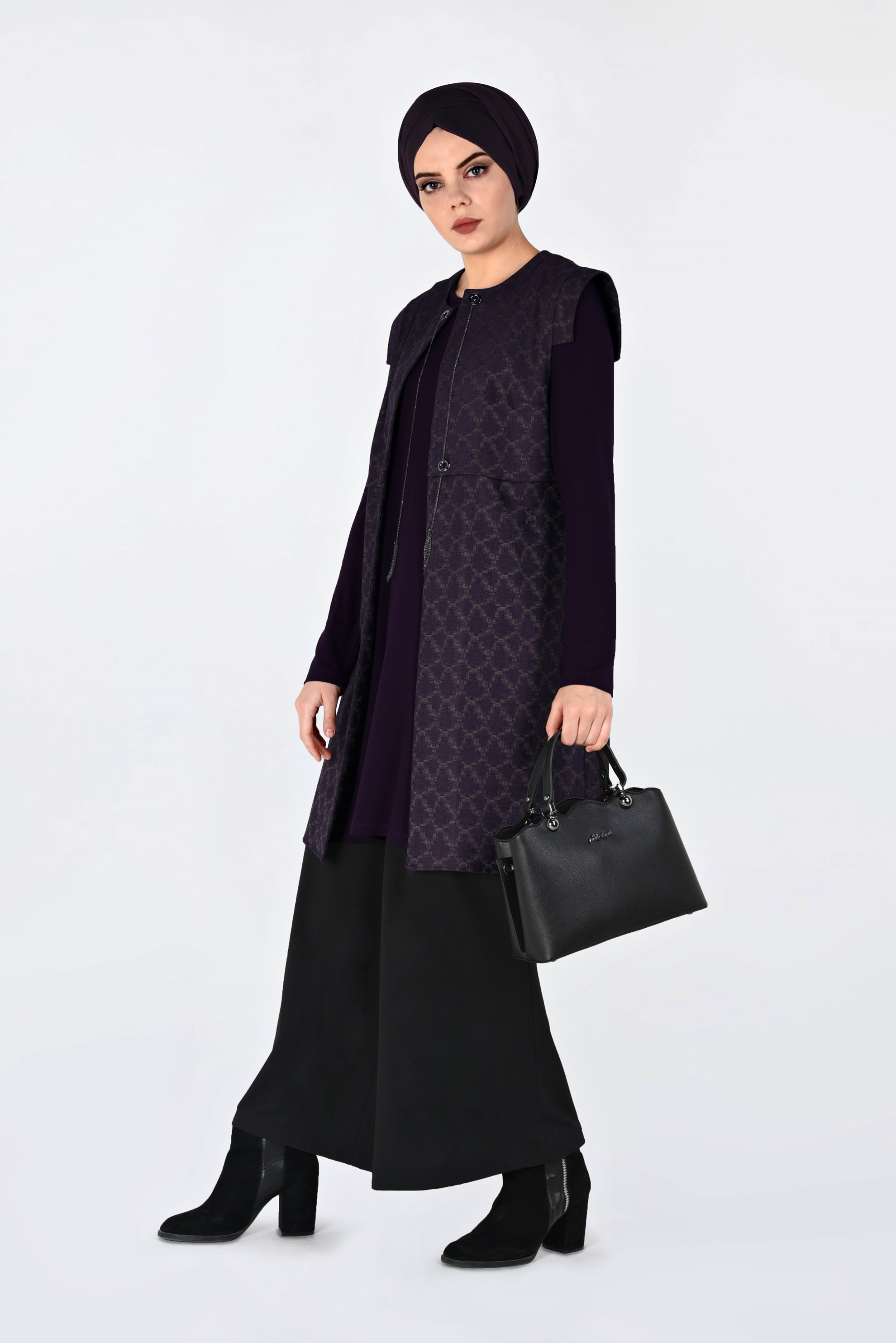 Tesettür giyim MÜRDÜM YELEĞİ JAKARLI 2Lİ TUNİK 4796-1