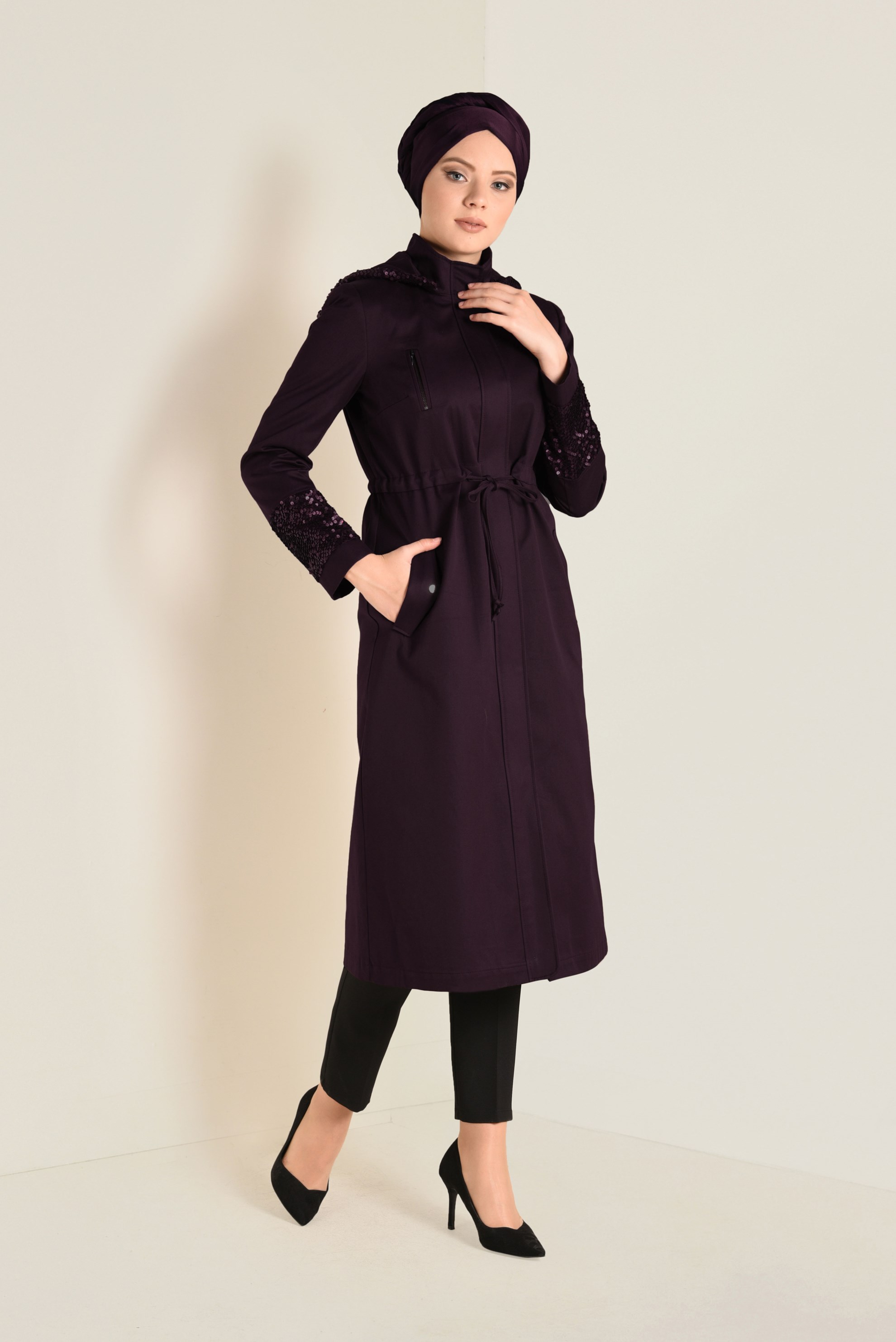 Tesettür giyim MÜRDÜM PUL PAYETLİ PAMUKLU TRENÇKOT 1305