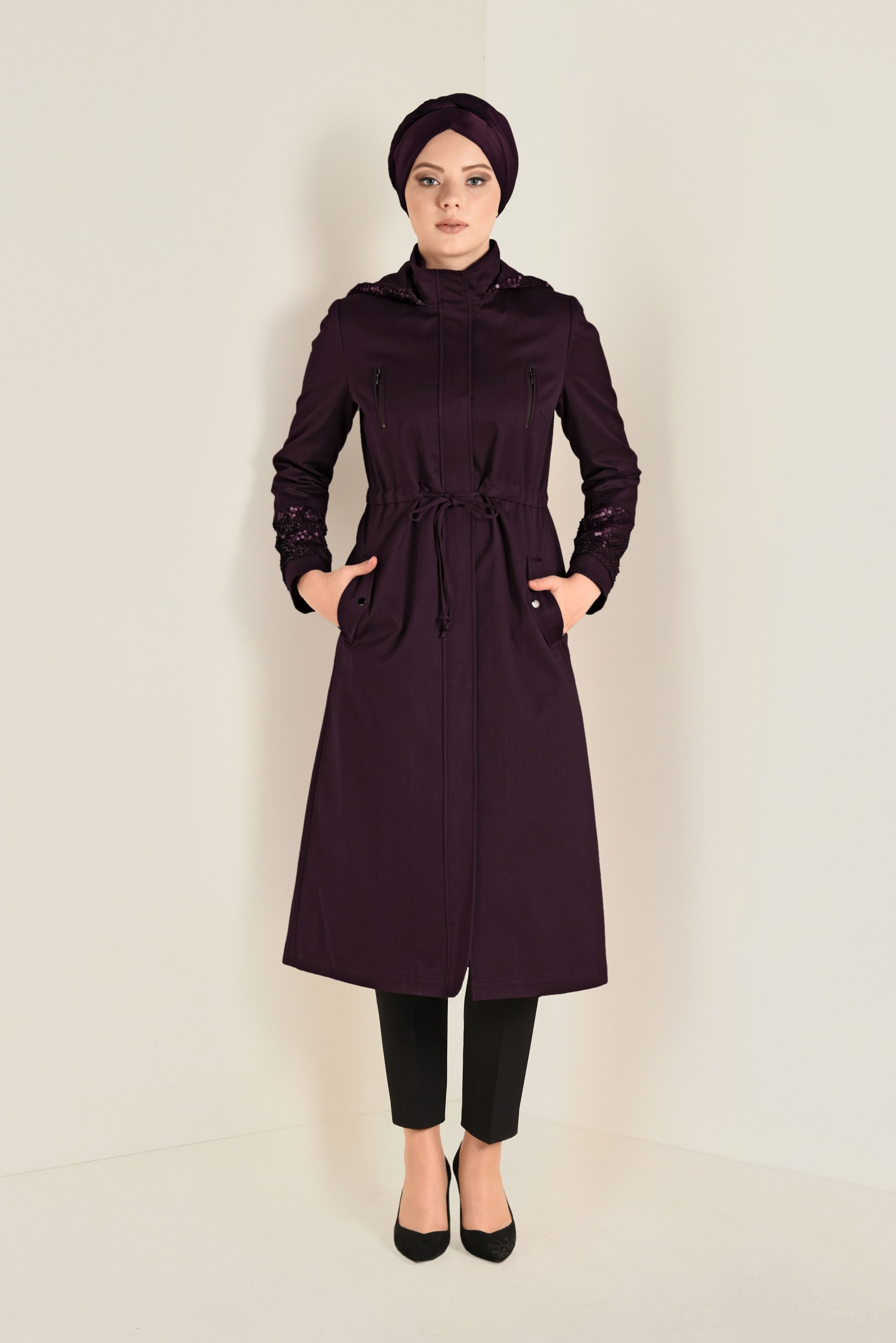 Tesettür giyim MÜRDÜM PUL PAYETLİ PAMUKLU TRENÇKOT 1305