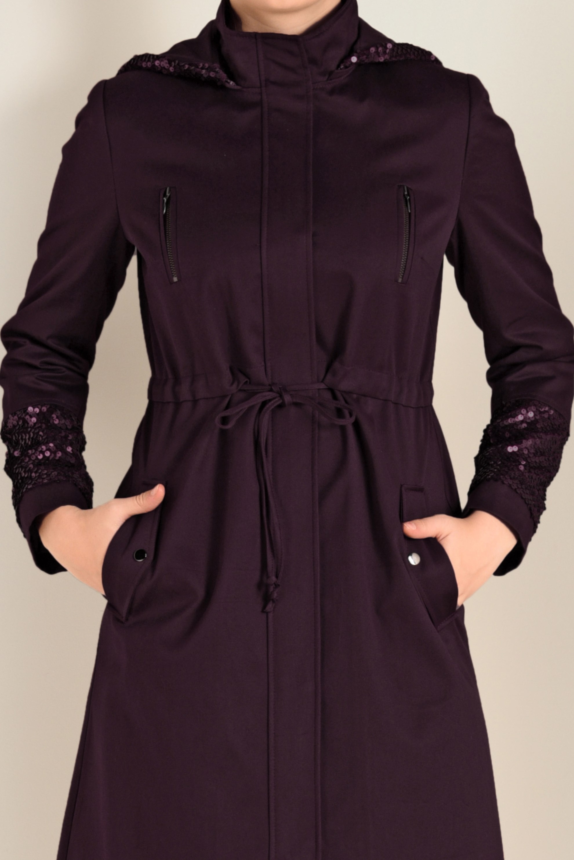 Tesettür giyim MÜRDÜM PUL PAYETLİ PAMUKLU TRENÇKOT 1305