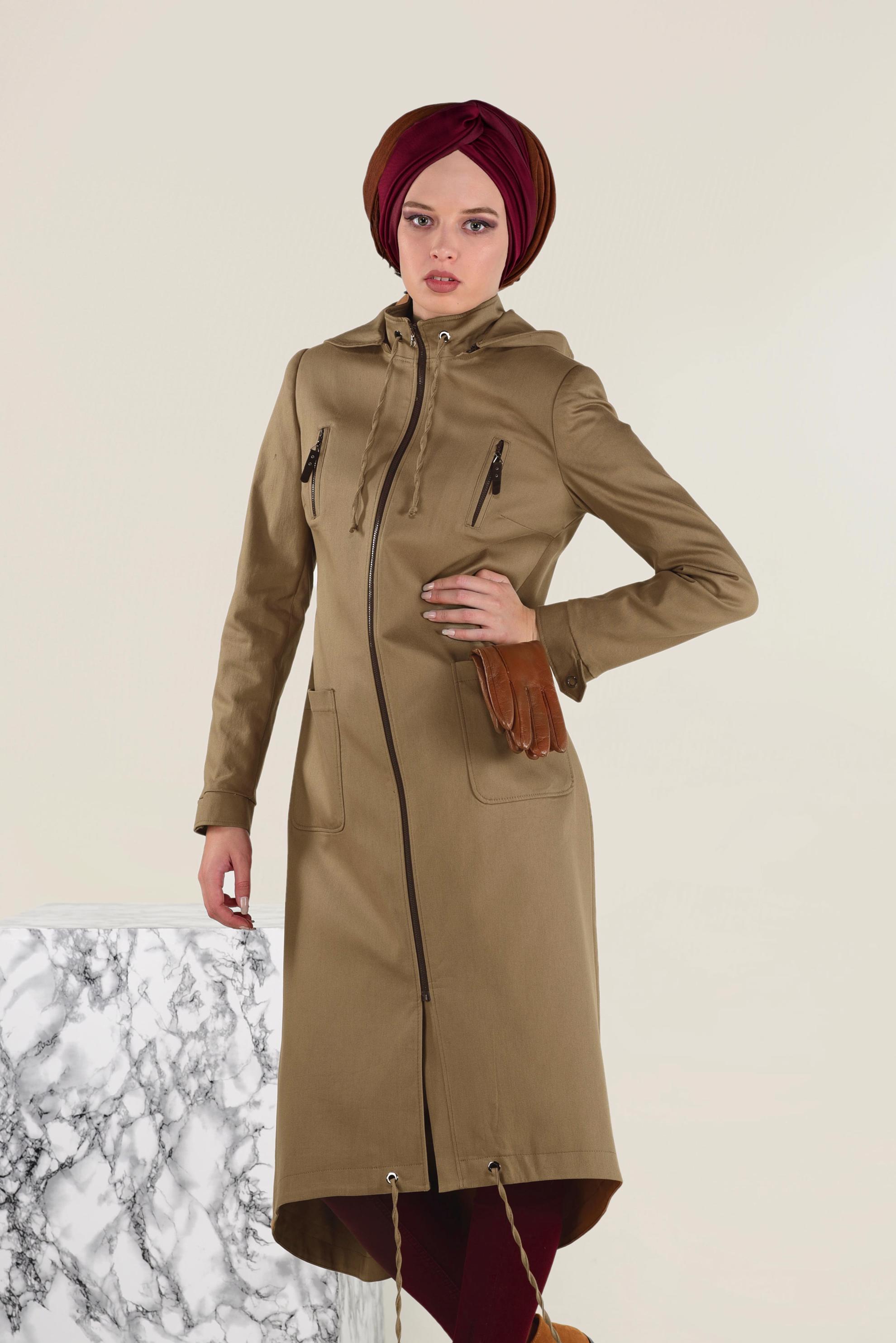 Hijab clothing BROWN ZIPPED HOODED TRENCH-COAT 1308 