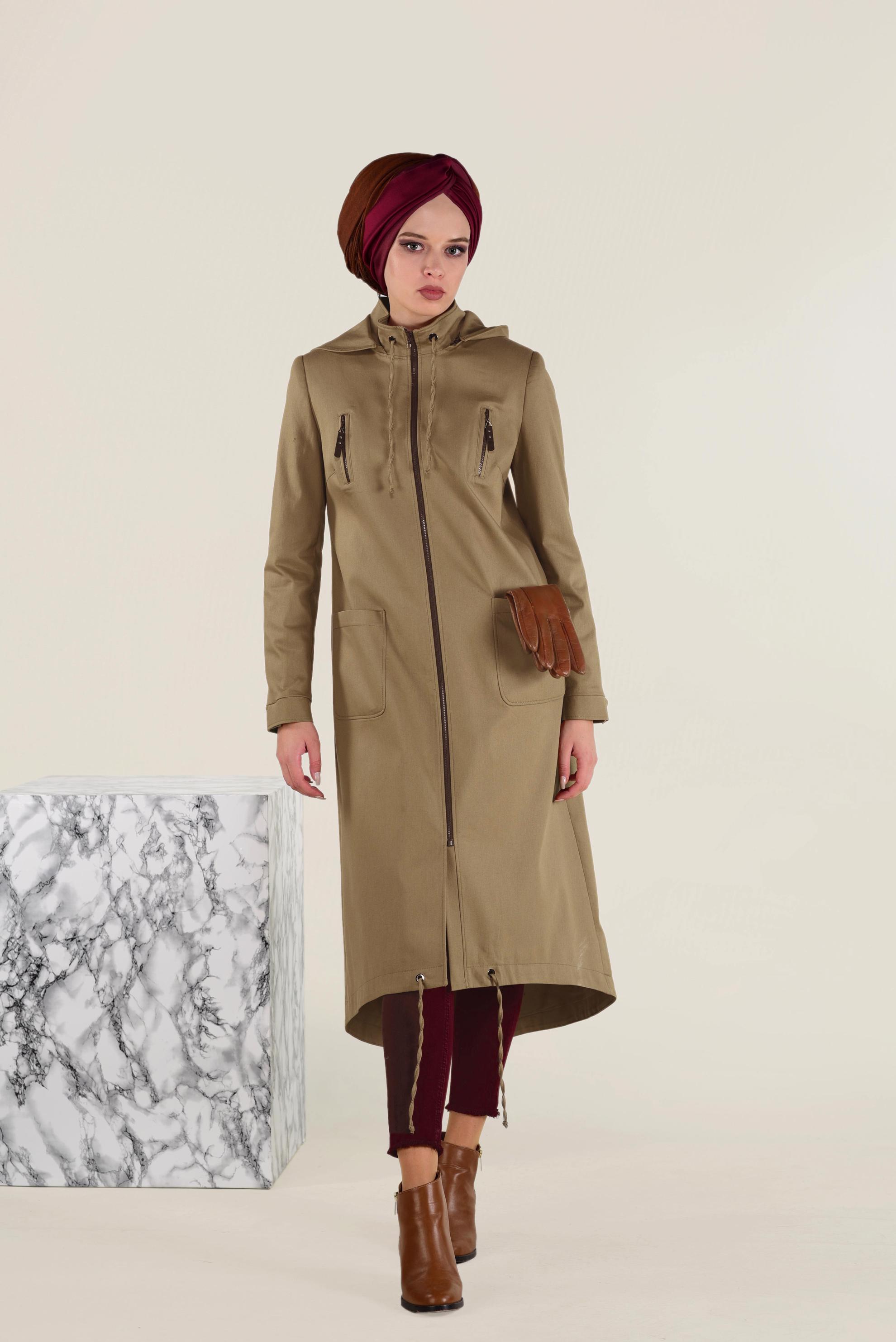Hijab clothing BROWN ZIPPED HOODED TRENCH-COAT 1308 