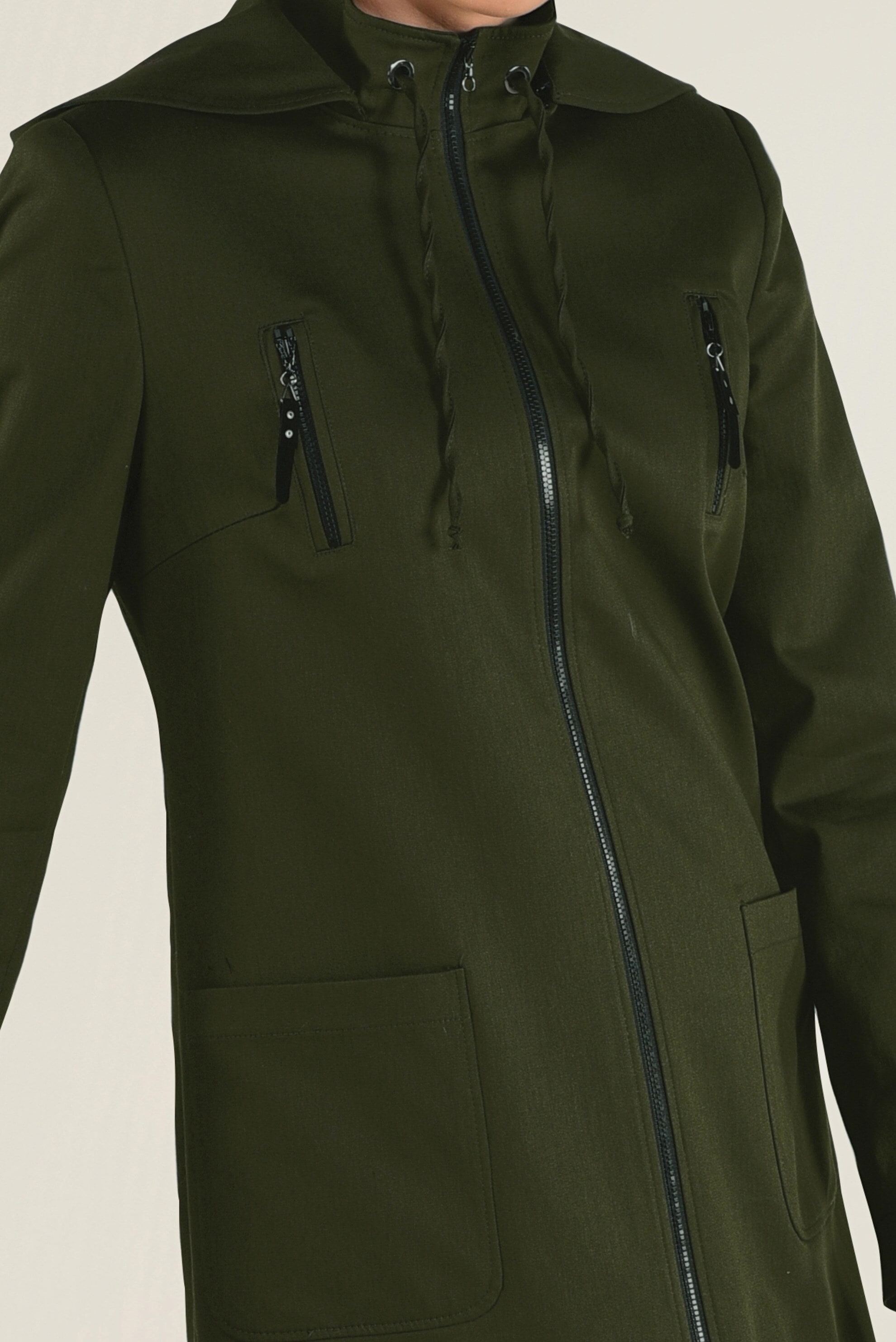 Tesettür giyim HAKİ FERMUARLI KAPÜŞONLU TRENÇKOT 1308 