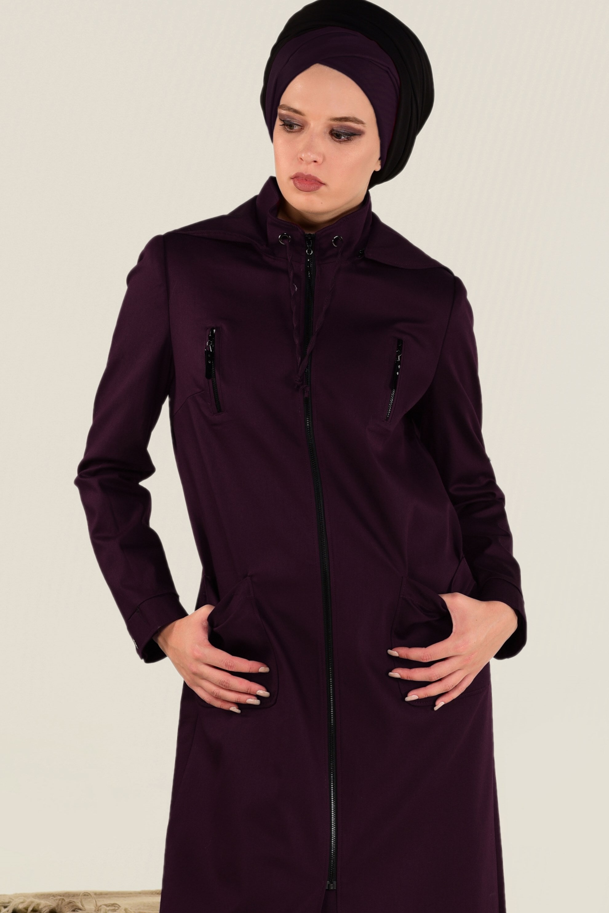 Tesettür giyim MÜRDÜM FERMUARLI KAPÜŞONLU TRENÇKOT 1308 