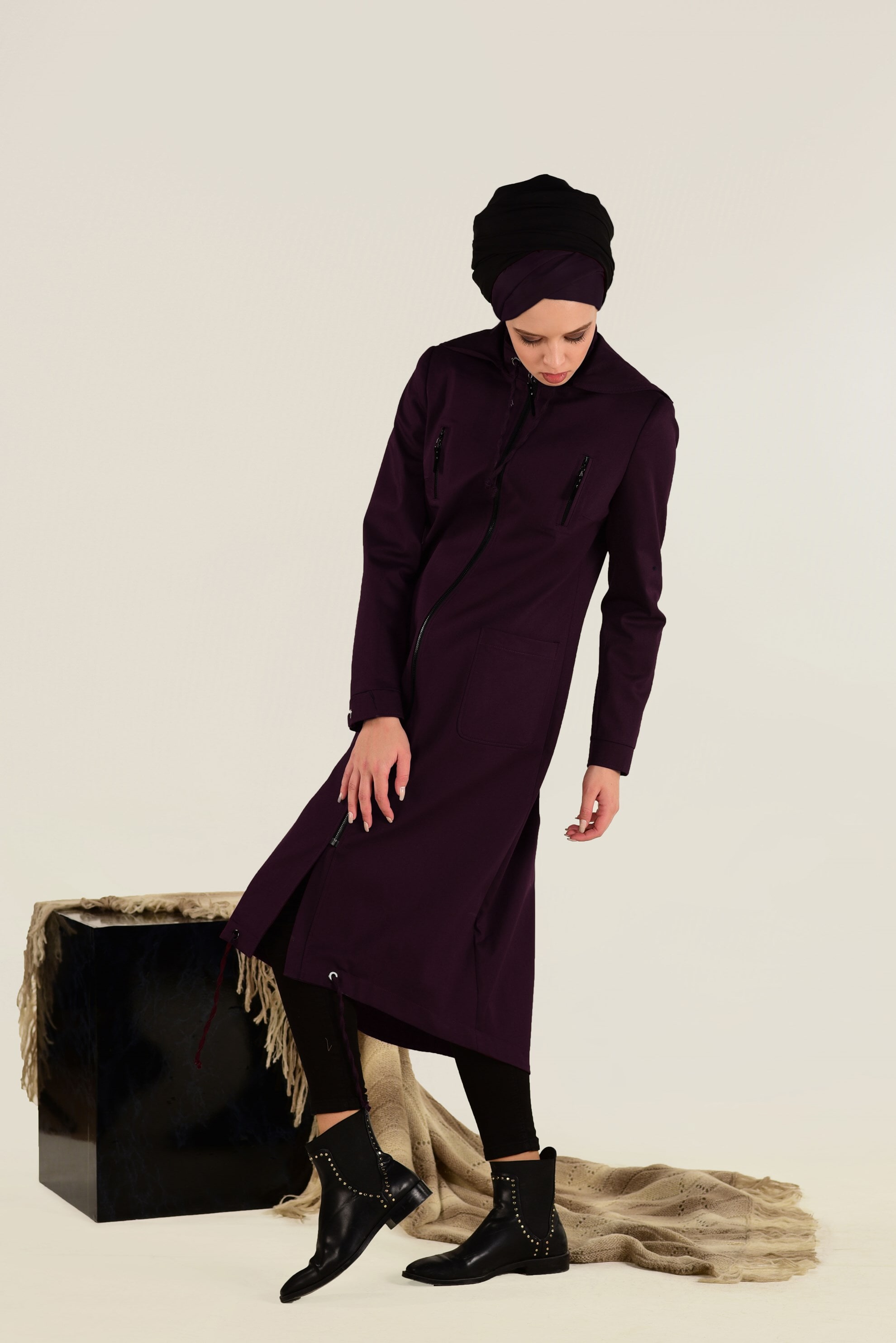 Tesettür giyim MÜRDÜM FERMUARLI KAPÜŞONLU TRENÇKOT 1308 