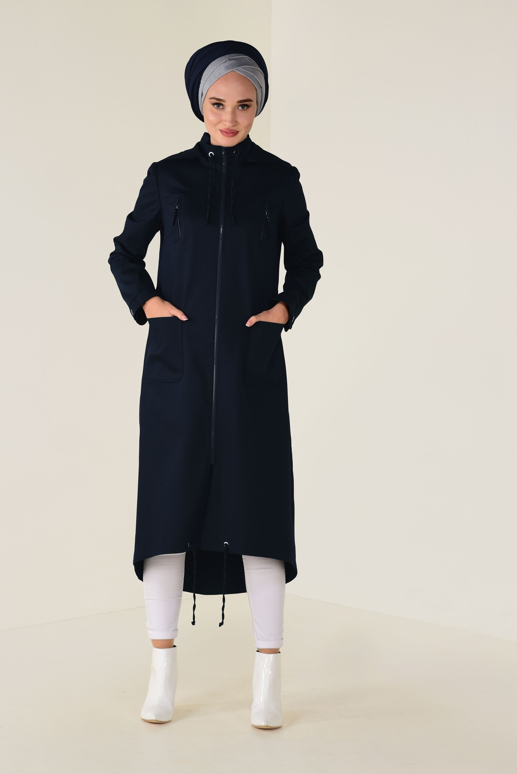 Tesettür giyim LACİVERT FERMUARLI KAPÜŞONLU TRENÇKOT 1308 