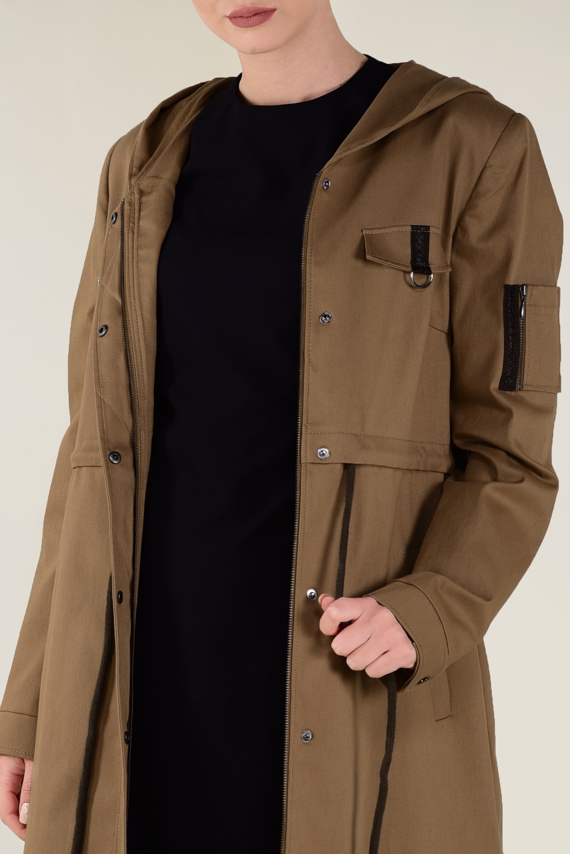 Tesettür giyim KAHVE YIRTMACI ÇIT ÇITLI BELİ BAĞCIKLI TRENÇKOT 1309 