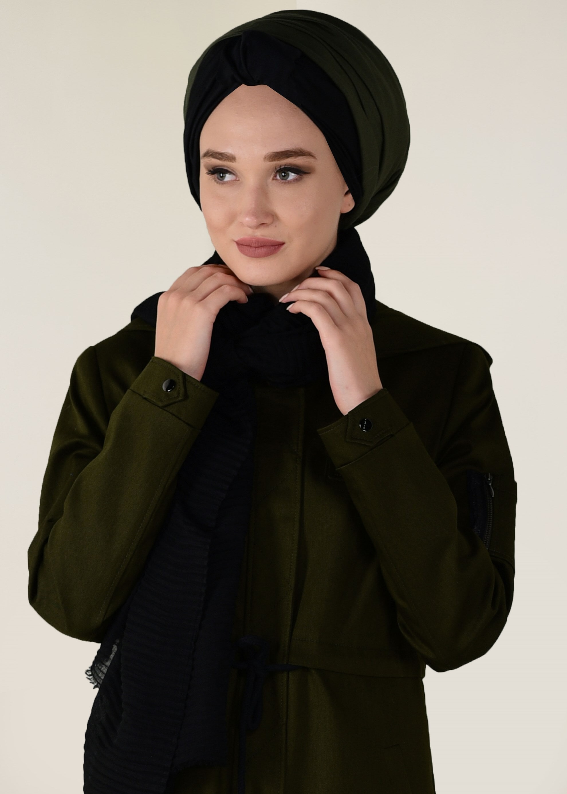 Tesettür giyim HAKİ YIRTMACI ÇIT ÇITLI BELİ BAĞCIKLI TRENÇKOT 1309 