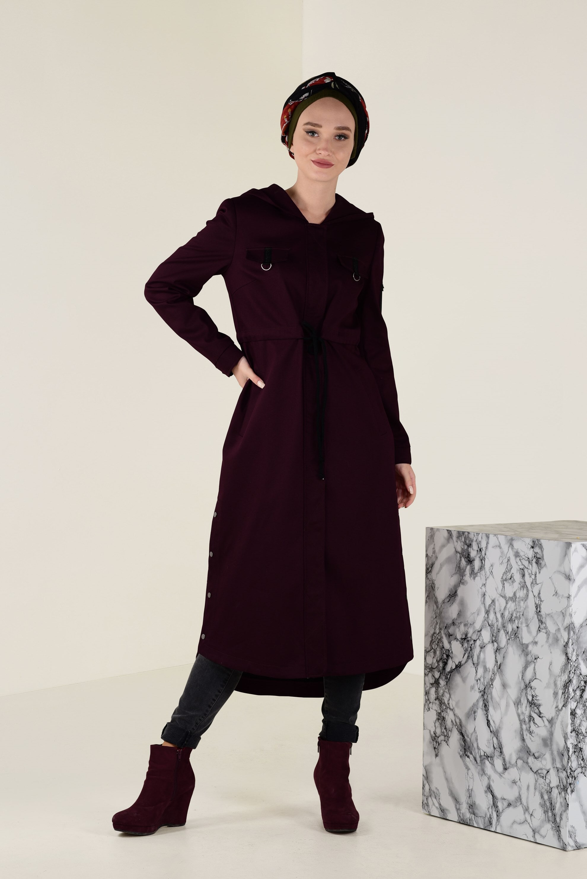 Tesettür giyim MÜRDÜM YIRTMACI ÇIT ÇITLI BELİ BAĞCIKLI TRENÇKOT 1309 