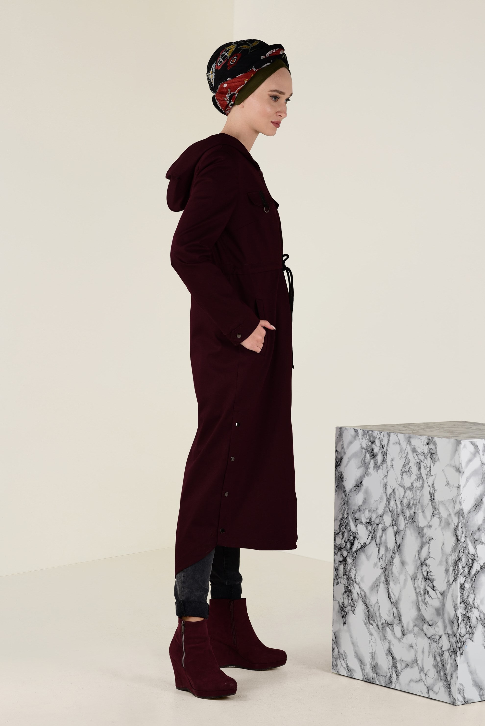 Tesettür giyim MÜRDÜM YIRTMACI ÇIT ÇITLI BELİ BAĞCIKLI TRENÇKOT 1309 