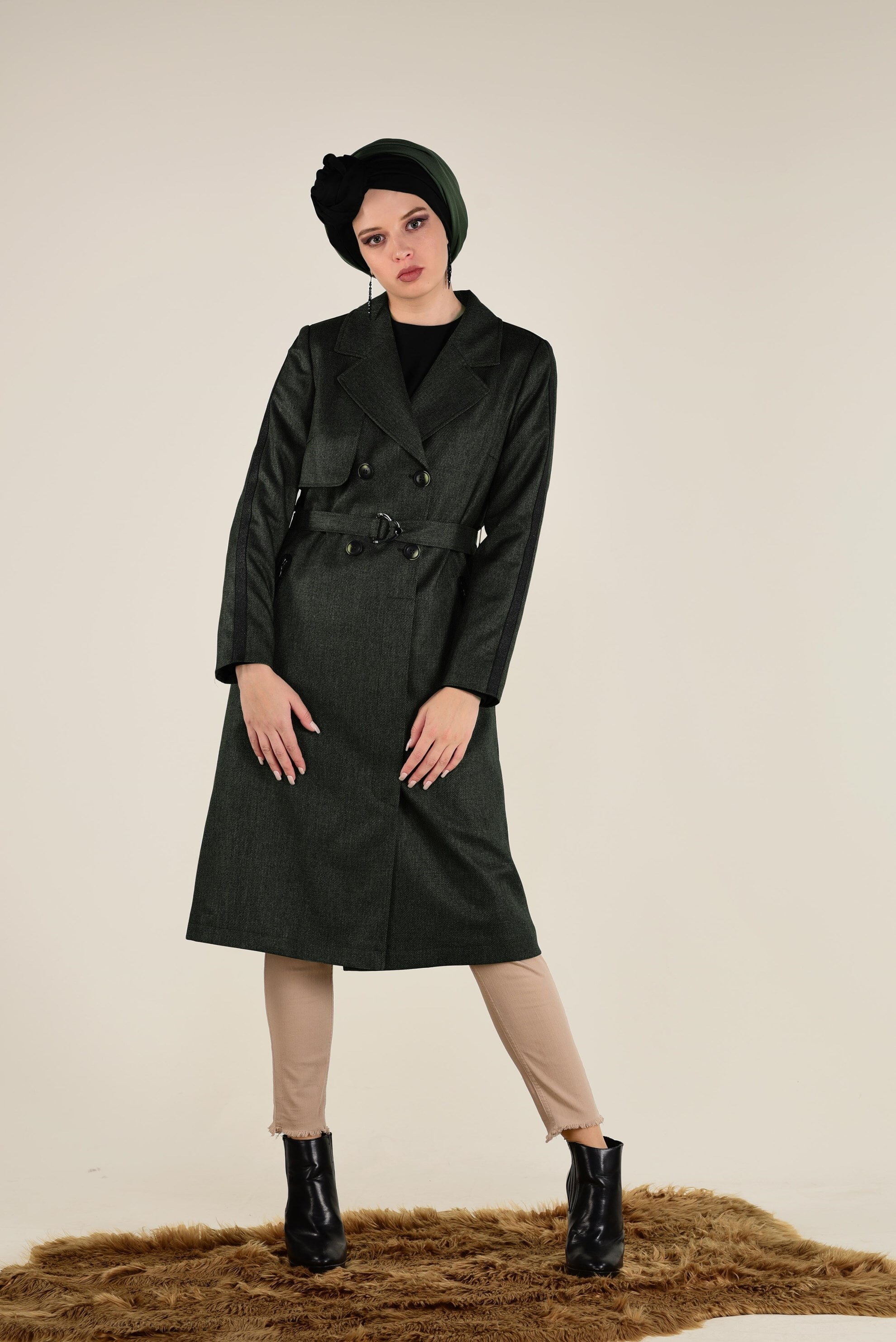 Tesettür giyim HAKİ DÜĞMELİ BELİ KEMERLİ TRENÇKOT 1319 