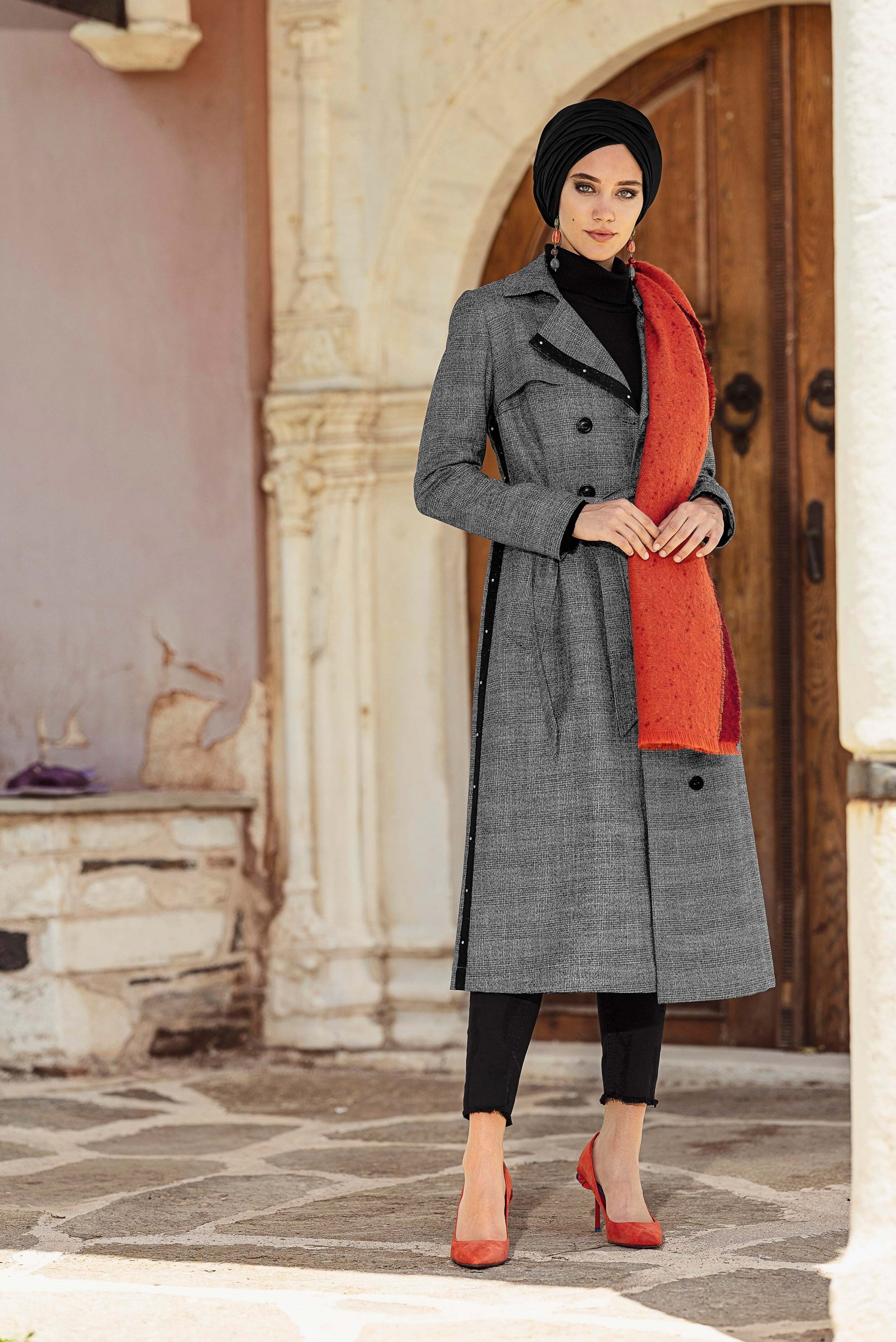 Tesettür giyim SİYAH EKOSE DESENLİ KRUVAZE TRENÇKOT 1320 