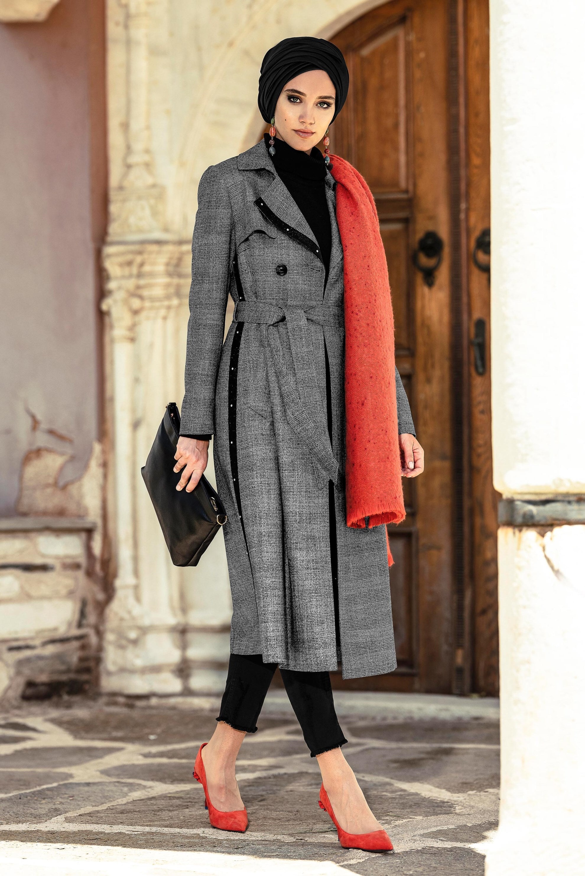 Tesettür giyim SİYAH EKOSE DESENLİ KRUVAZE TRENÇKOT 1320 