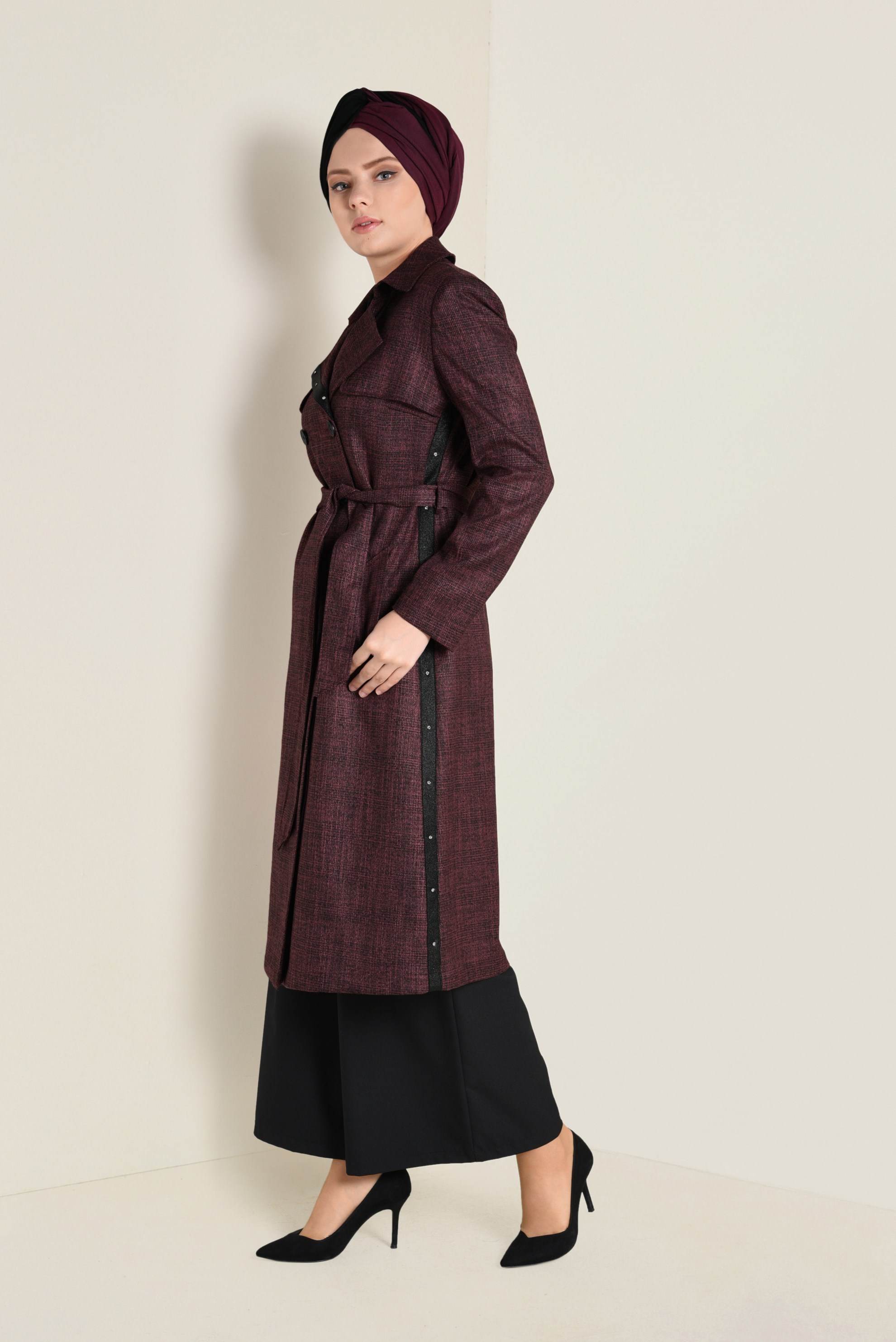 Hijab clothing BLACK PLAID TWILLED TRENCH-COAT 1320 