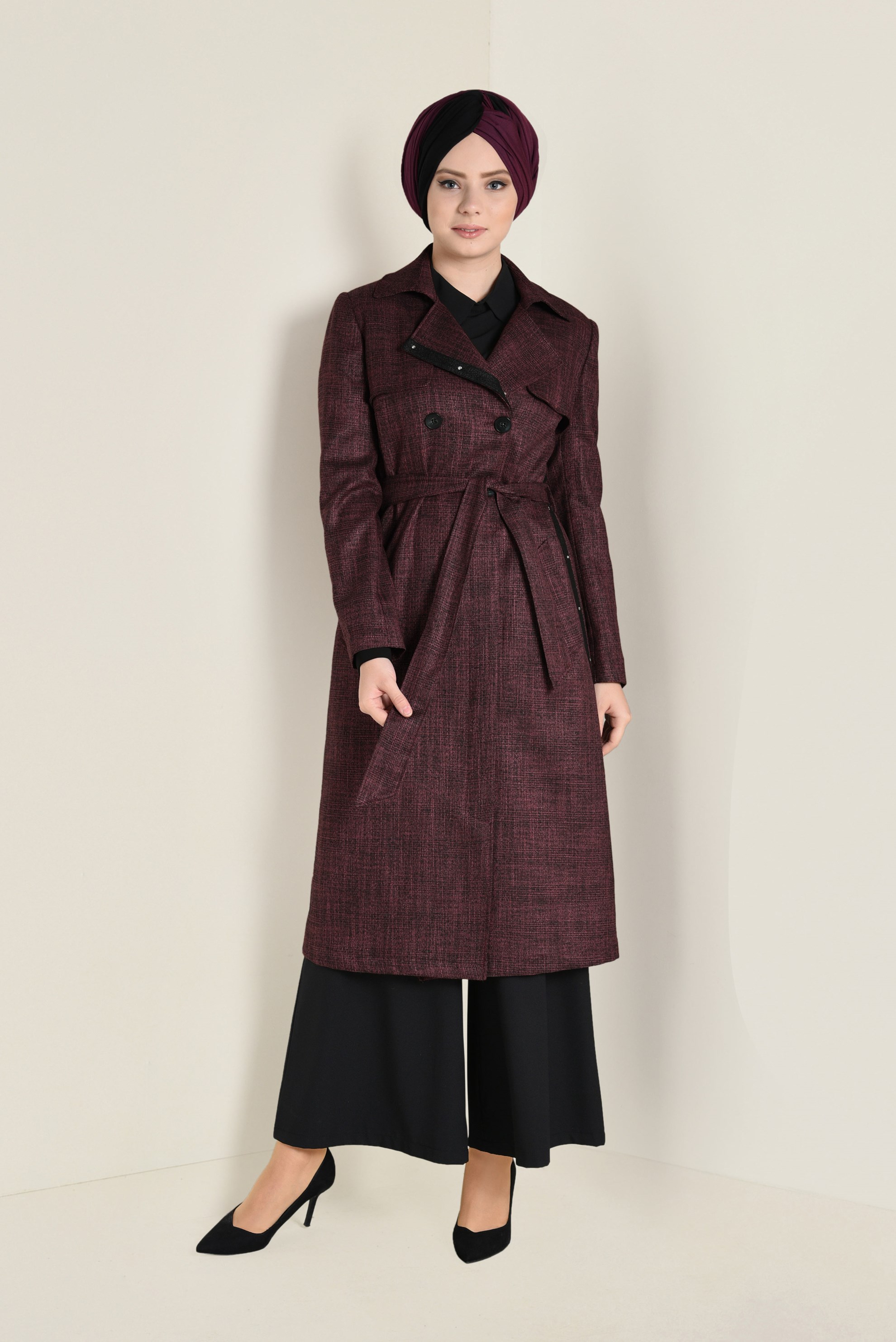 Hijab clothing BLACK PLAID TWILLED TRENCH-COAT 1320 