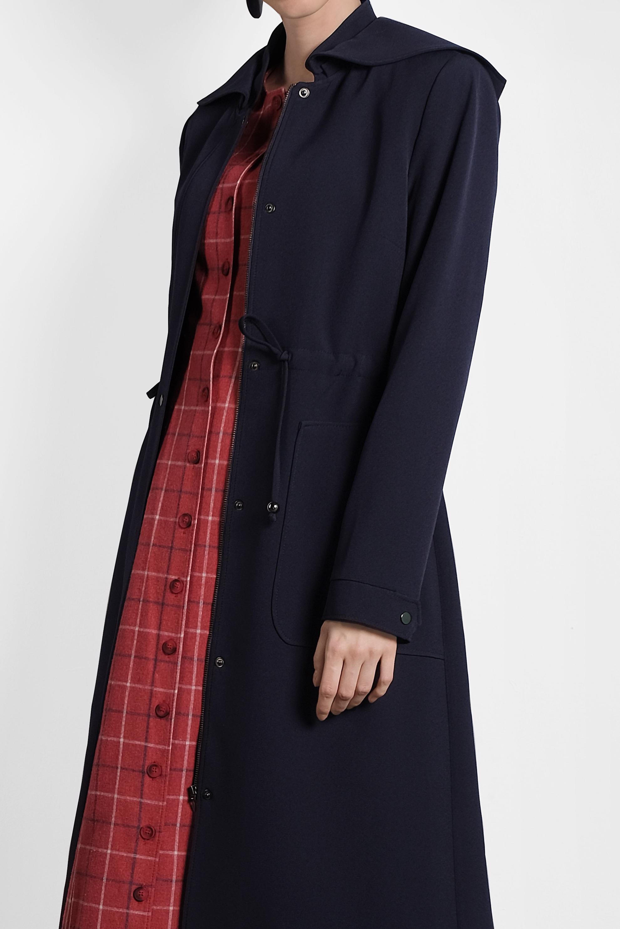 Tesettür giyim LACİVERT BELİ BÜZGÜLÜ KAPÜŞONLU TRENÇKOT 1324