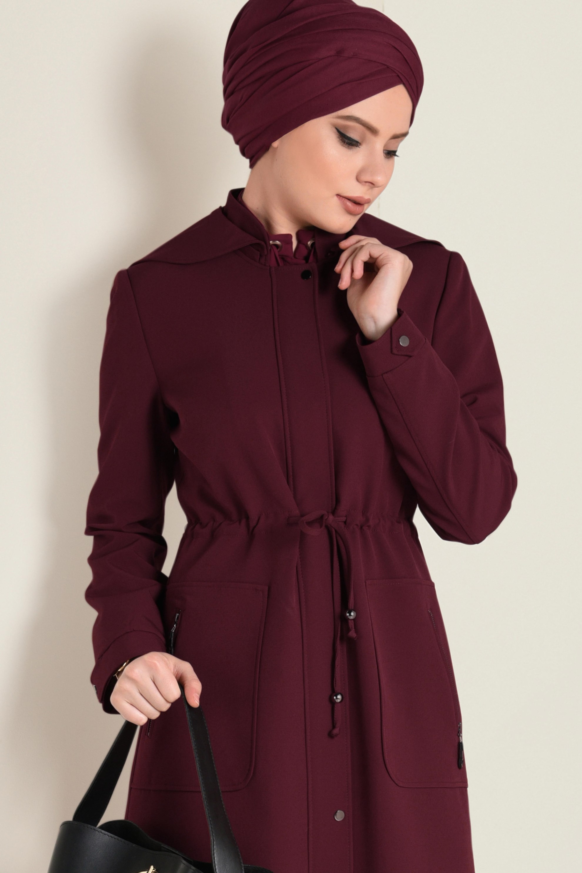 Hijab clothing CLARET RED SMOCKED-WAIST HOODED TRENCH-COAT 1324