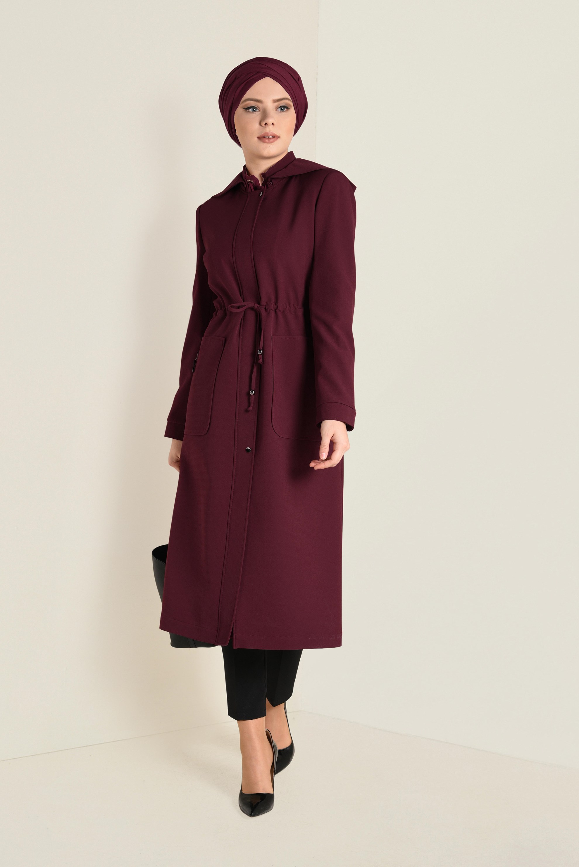 Hijab clothing CLARET RED SMOCKED-WAIST HOODED TRENCH-COAT 1324