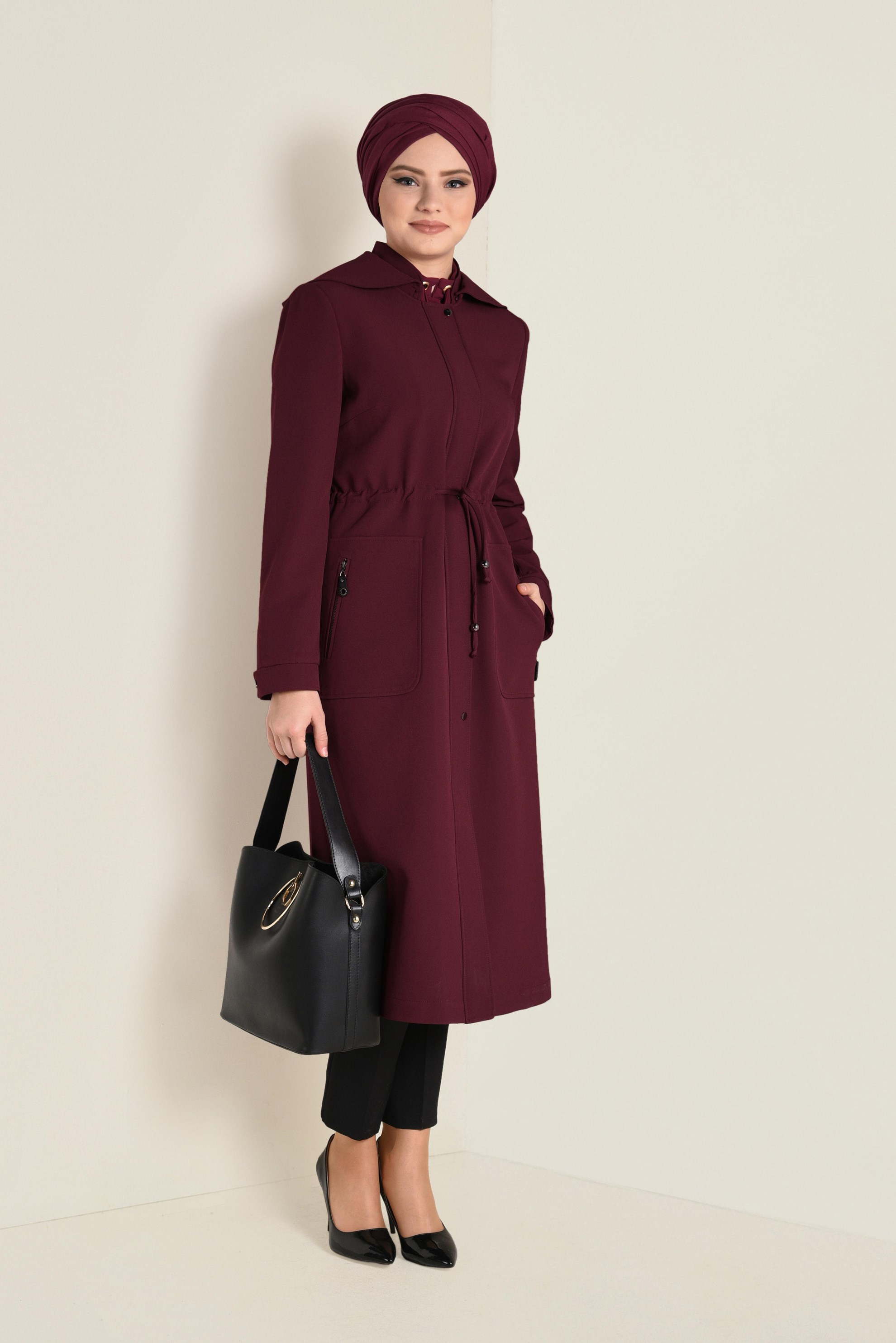 Hijab clothing CLARET RED SMOCKED-WAIST HOODED TRENCH-COAT 1324