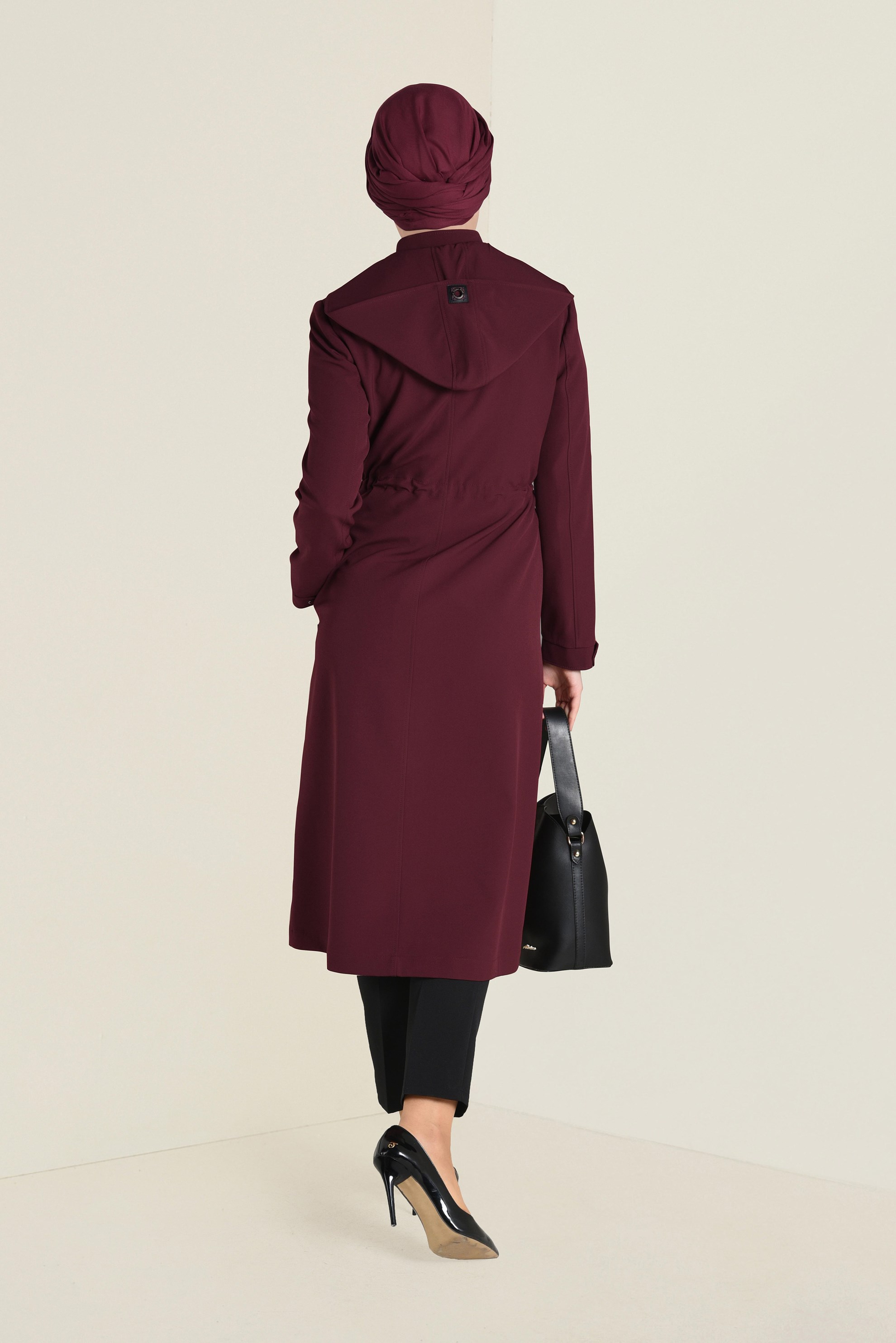 Hijab clothing CLARET RED SMOCKED-WAIST HOODED TRENCH-COAT 1324