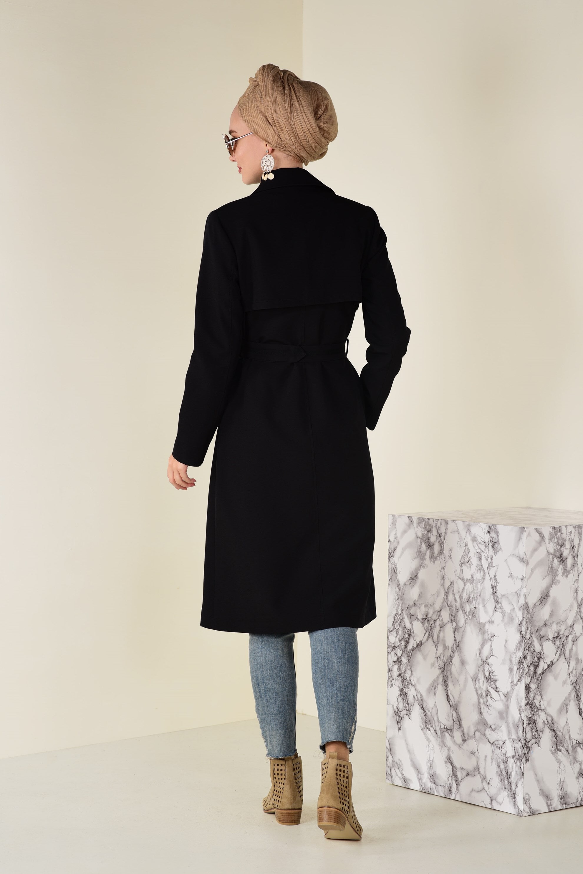 Tesettür giyim SİYAH KEMERLİ GİZLİ DÜĞMELİ TRENÇKOT 1325