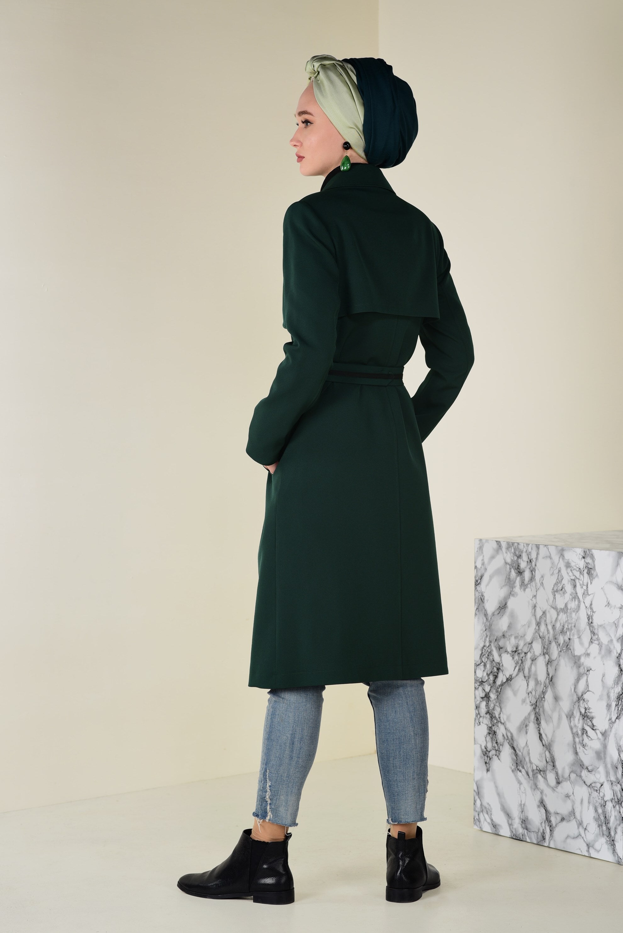 Tesettür giyim YEŞİL KEMERLİ GİZLİ DÜĞMELİ TRENÇKOT 1325