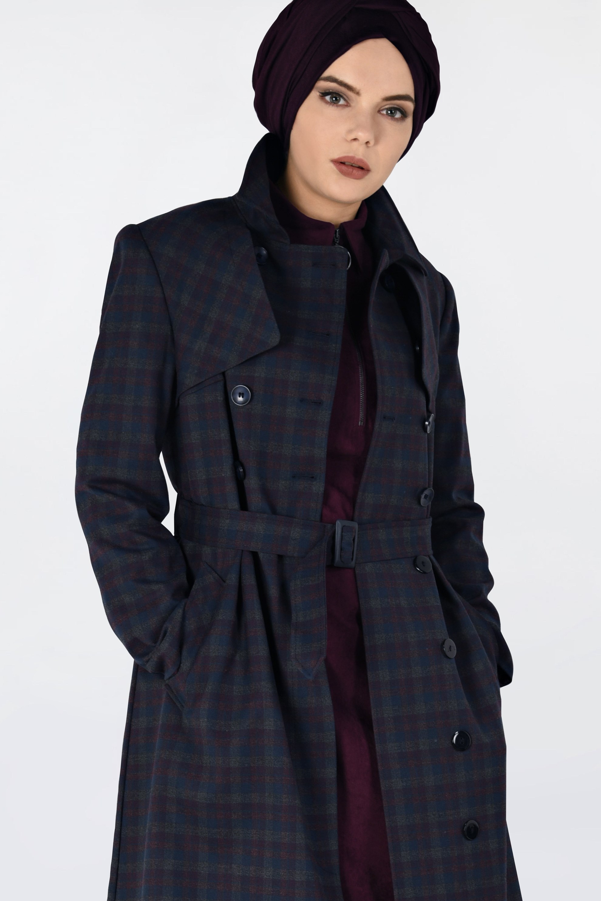 Hijab clothing NAVY BLUE BELTED TWILLED TRENCH-COAT 1326 