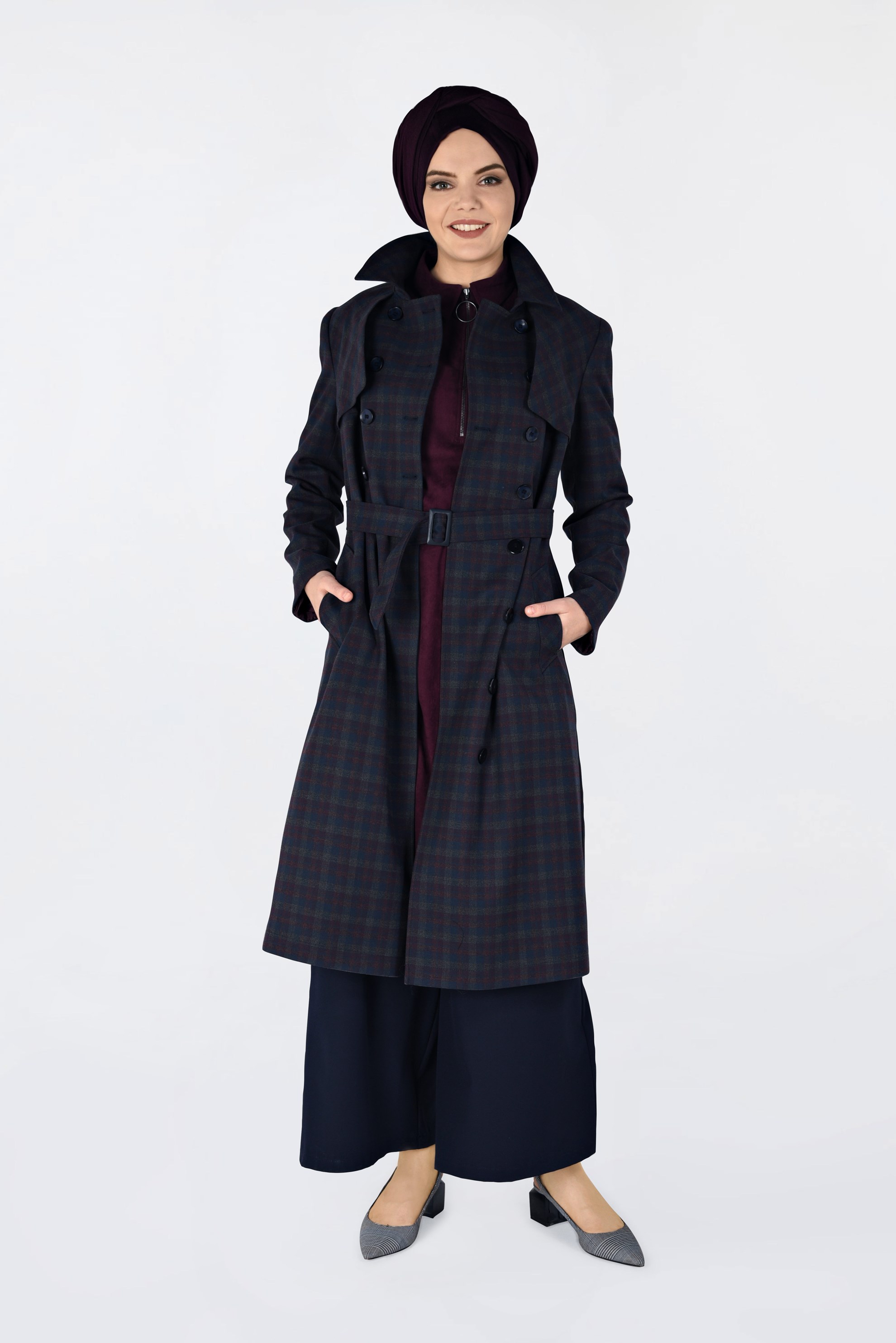 Hijab clothing NAVY BLUE BELTED TWILLED TRENCH-COAT 1326 