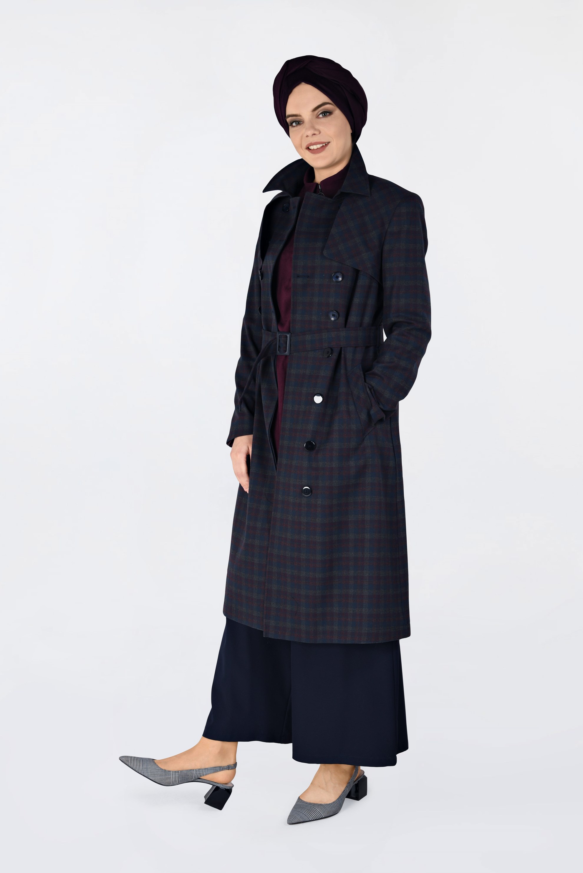 Hijab clothing NAVY BLUE BELTED TWILLED TRENCH-COAT 1326 