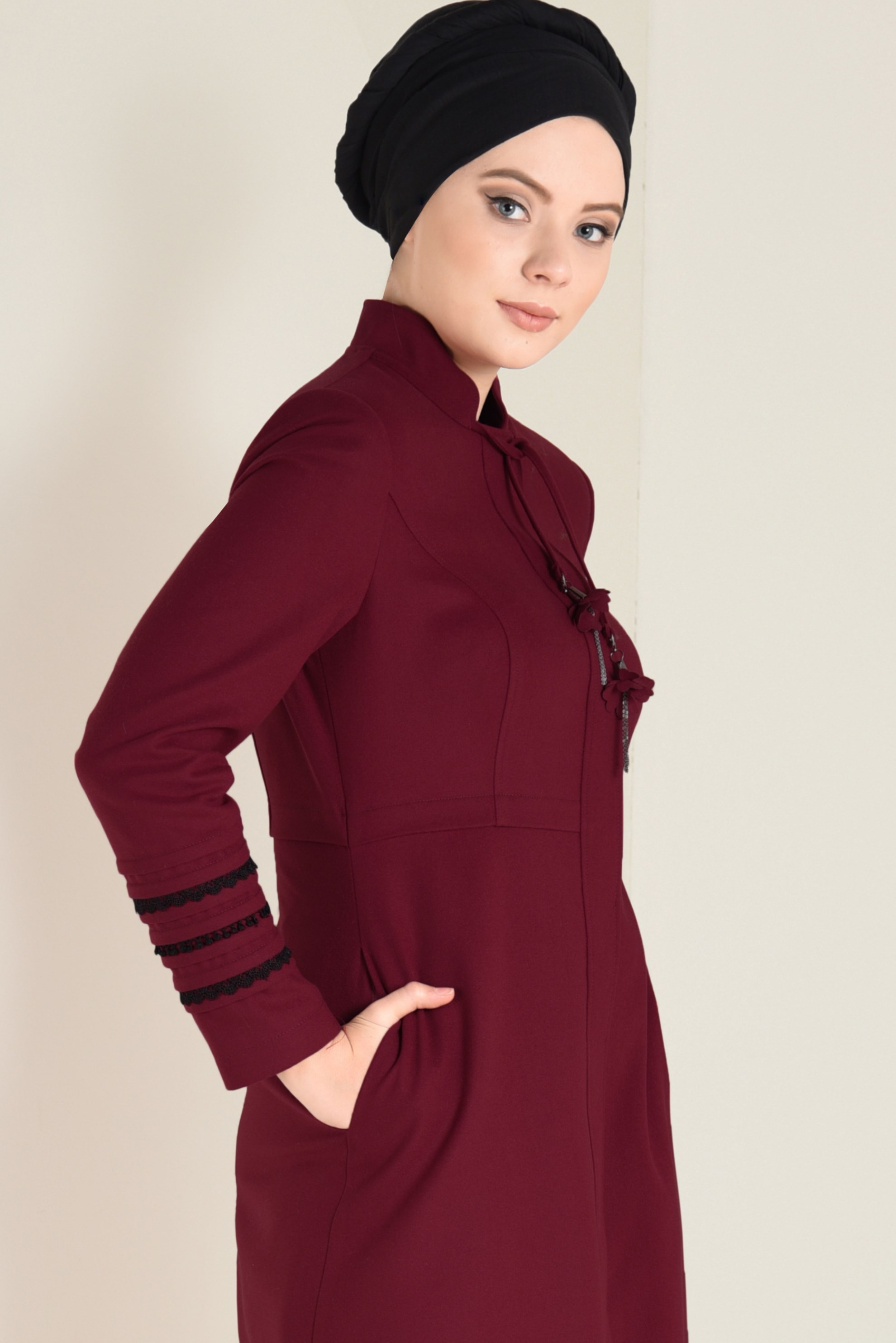 Tesettür giyim TURUNCU HAKİM YAKA GİZLİ DÜĞMELİ TRENÇKOT 1327