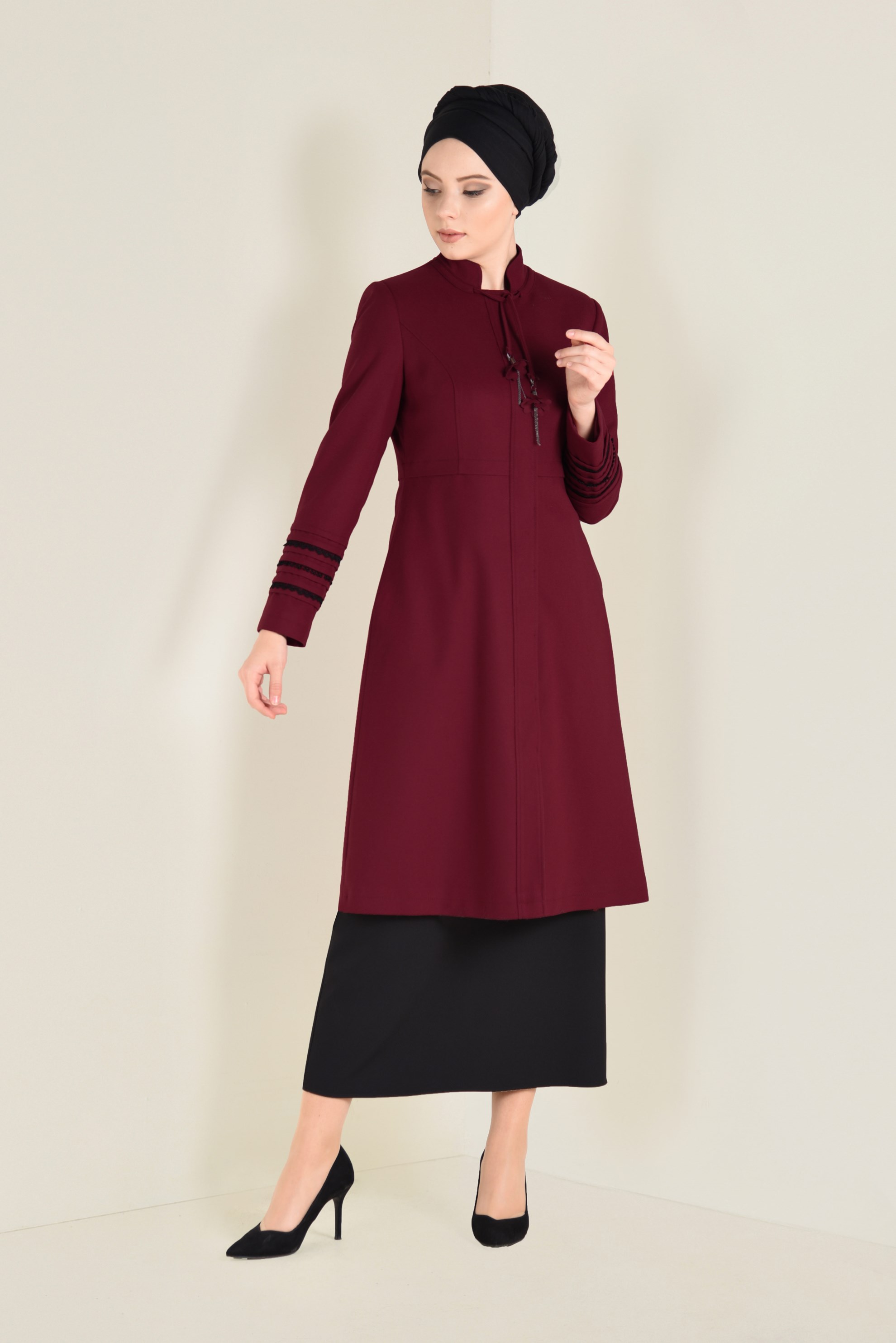 Tesettür giyim TURUNCU HAKİM YAKA GİZLİ DÜĞMELİ TRENÇKOT 1327