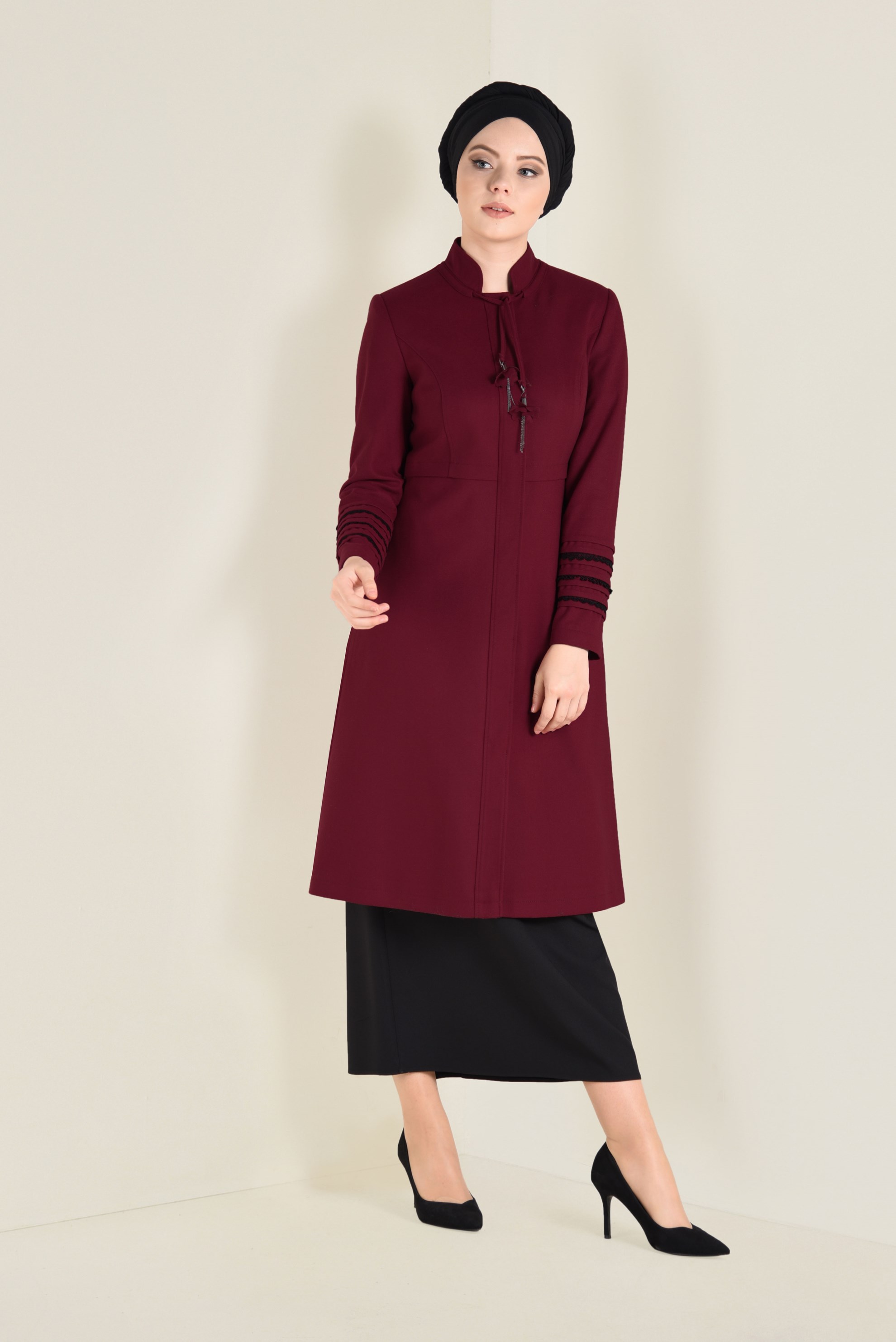 Tesettür giyim TURUNCU HAKİM YAKA GİZLİ DÜĞMELİ TRENÇKOT 1327