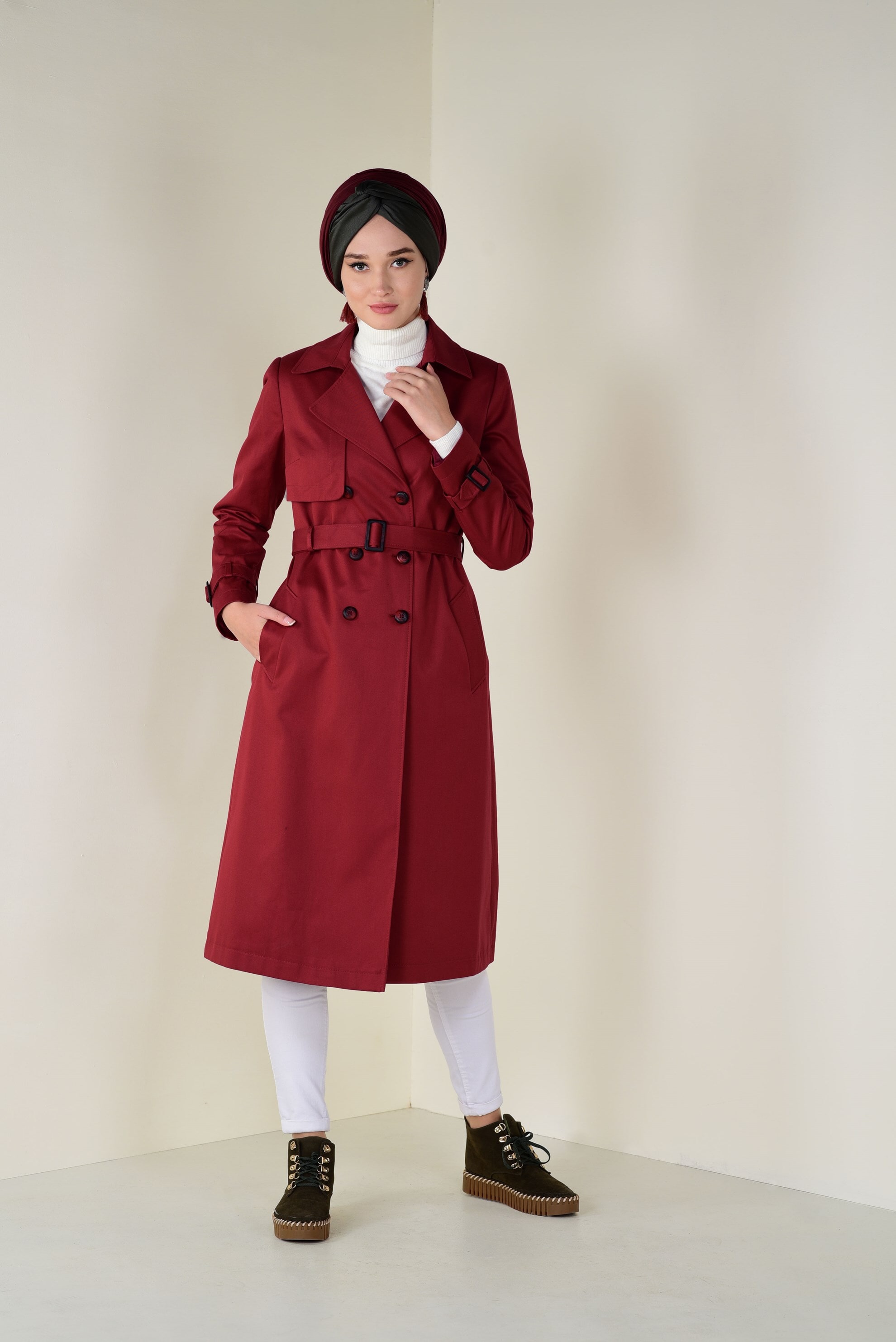 Tesettür giyim TURUNCU DÜĞMELİ PAMUKLU TRENÇKOT 1333