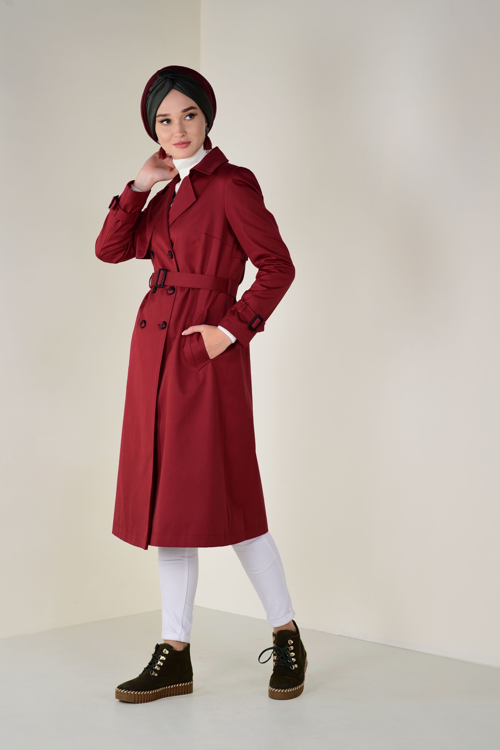 Tesettür giyim TURUNCU DÜĞMELİ PAMUKLU TRENÇKOT 1333