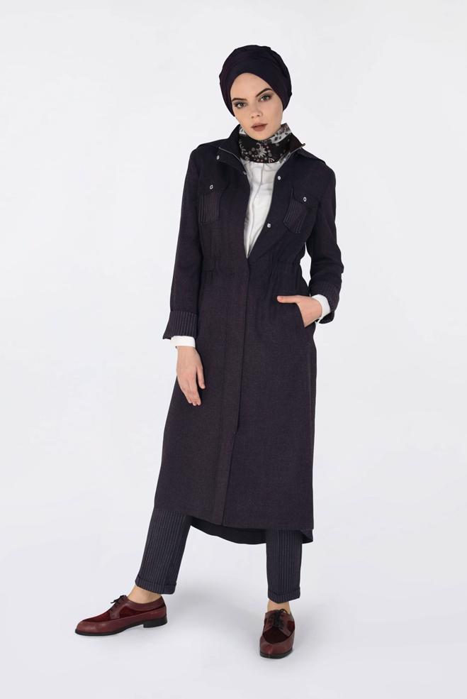 Tesettür giyim  BELİ BÜZGÜLÜ GİZLİ ÇITÇIT VE FERMUARLI TRENÇKOT 1334 - ALVİNA