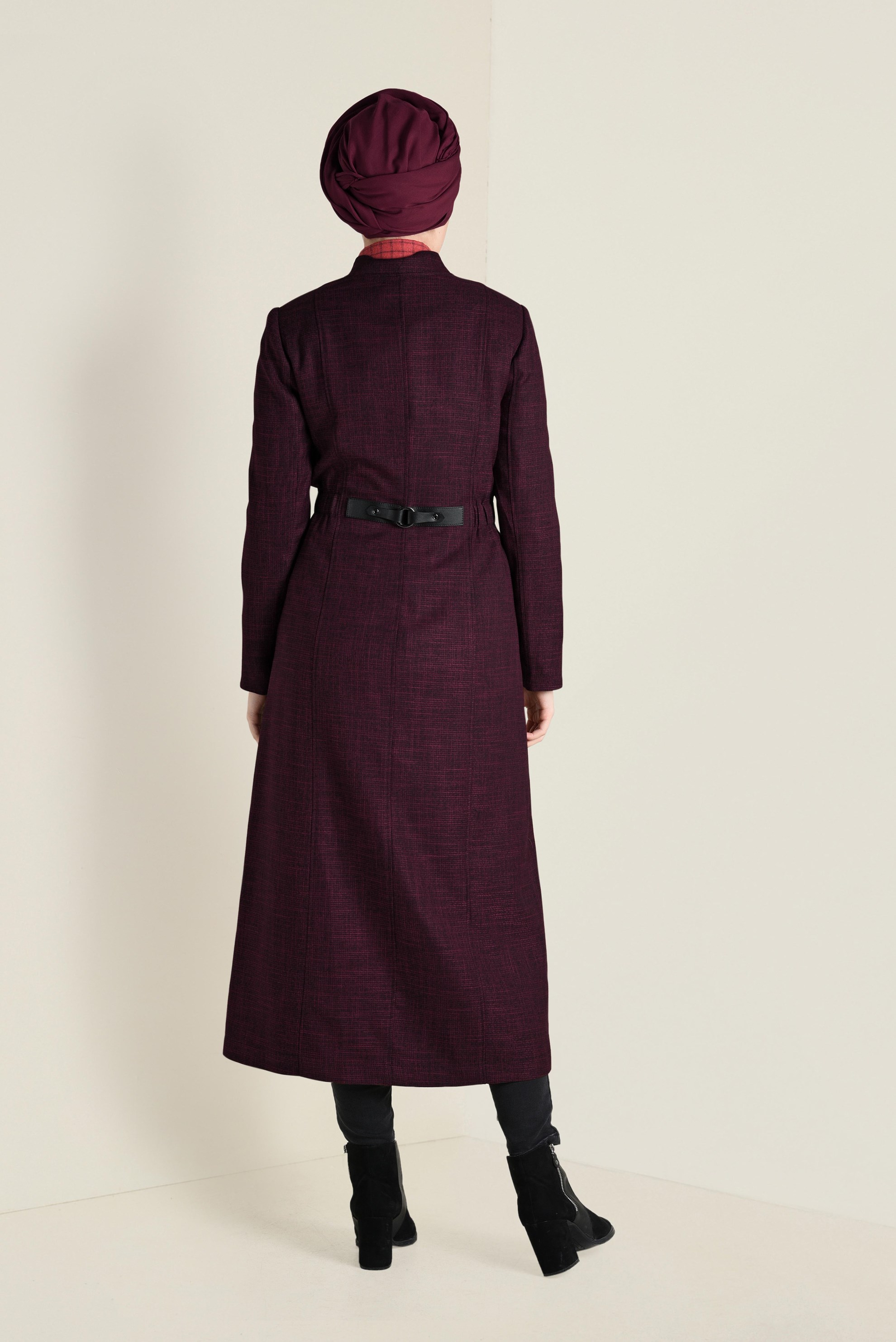 Tesettür giyim SİYAH BELİ BÜZGÜLÜ FERMUARLI TRENÇKOT 1336