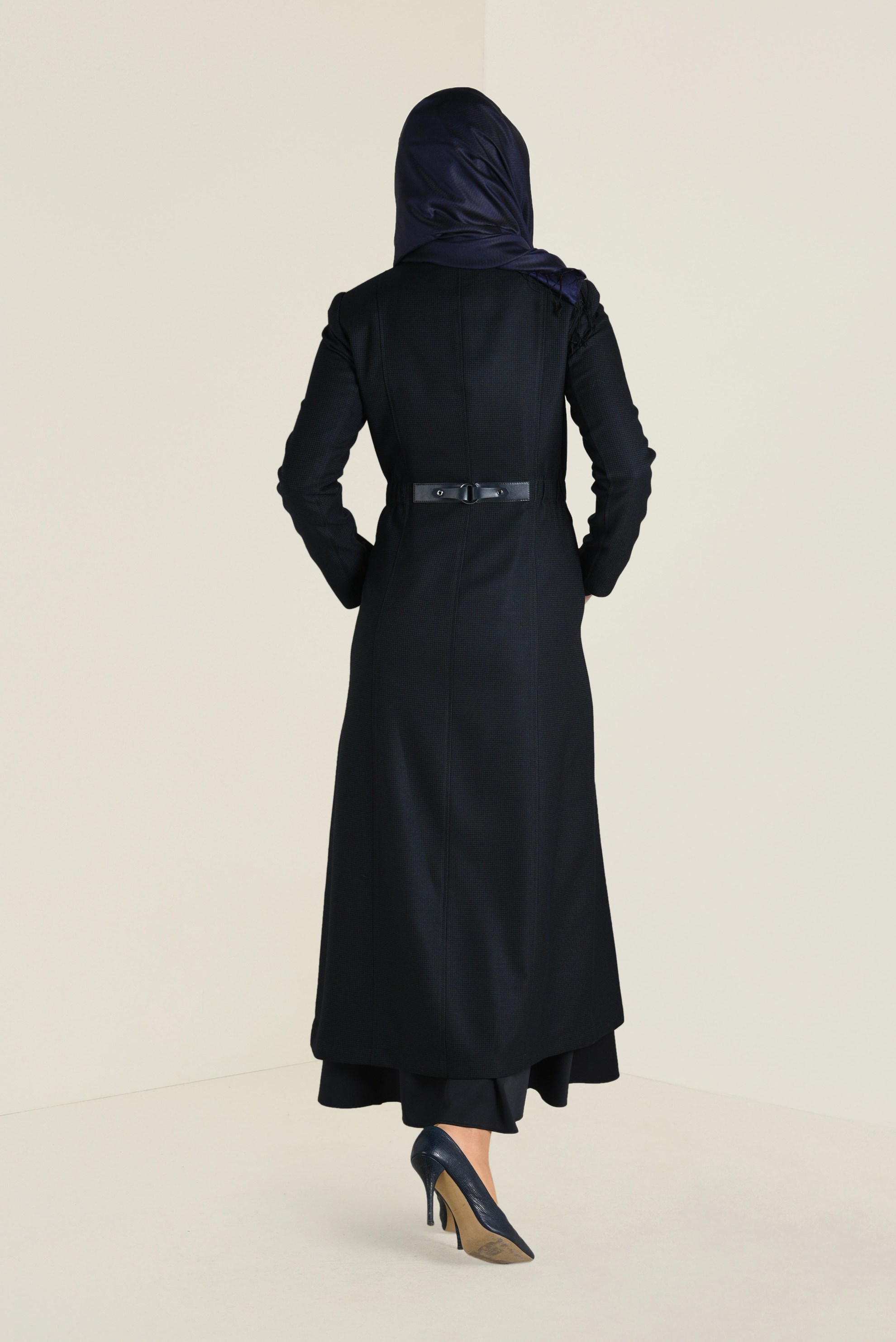 Tesettür giyim LACİVERT BELİ BÜZGÜLÜ FERMUARLI TRENÇKOT 1336