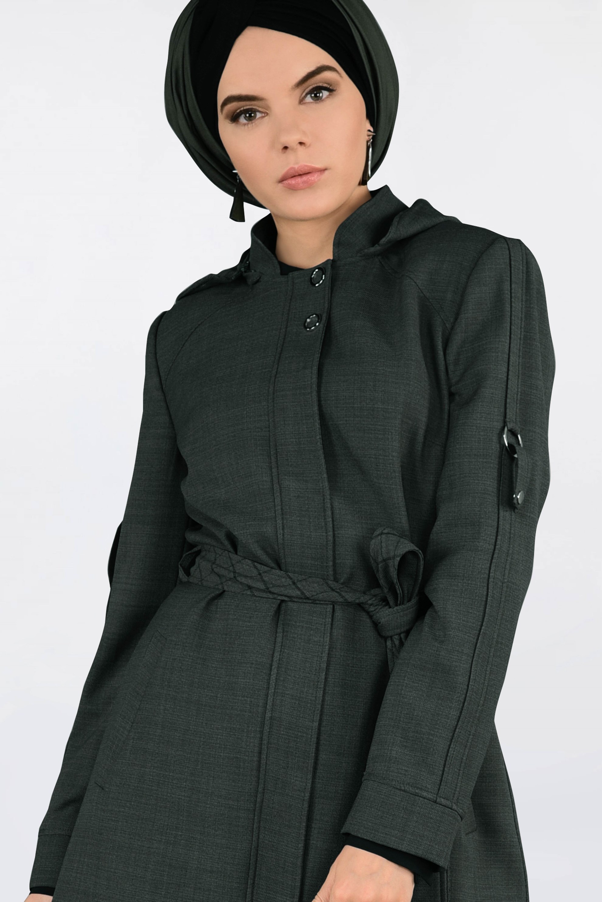 Hijab clothing KHAKI HOODED BELTED TRENCH-COAT 1337 