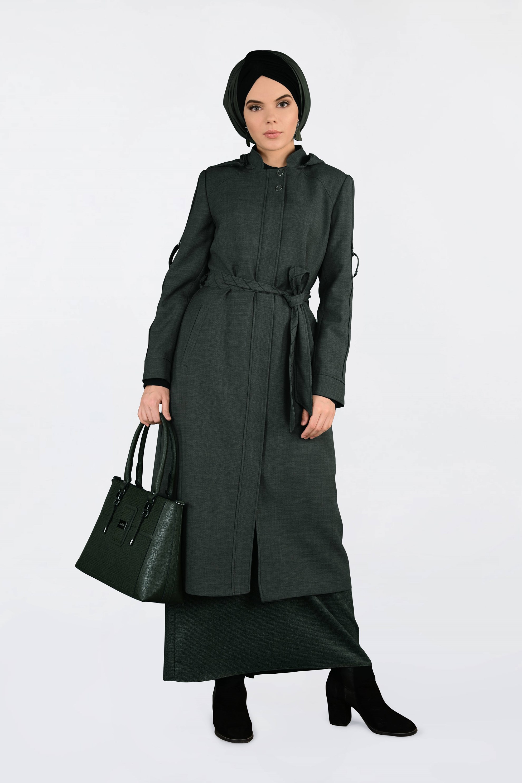 Hijab clothing KHAKI HOODED BELTED TRENCH-COAT 1337 