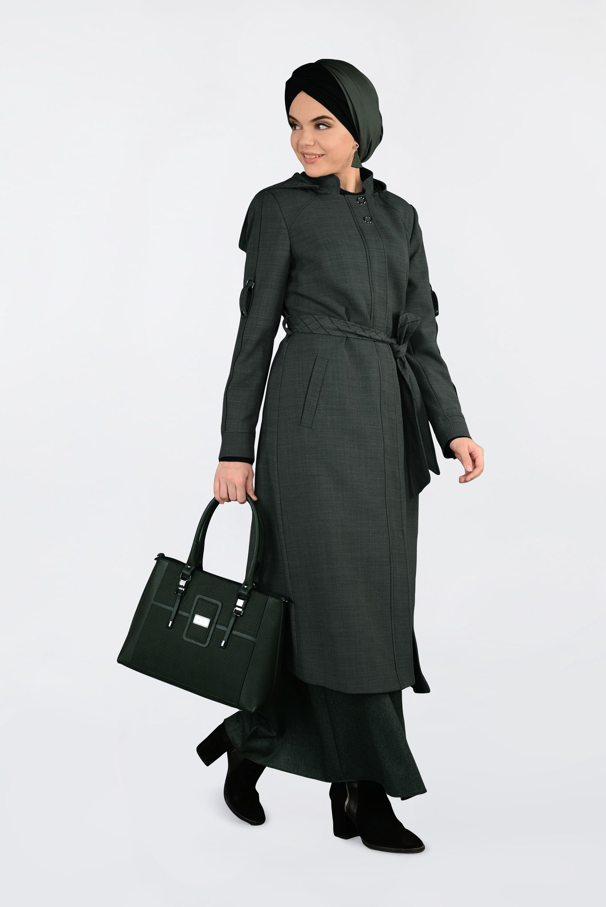 Hijab clothing KHAKI HOODED BELTED TRENCH-COAT 1337 