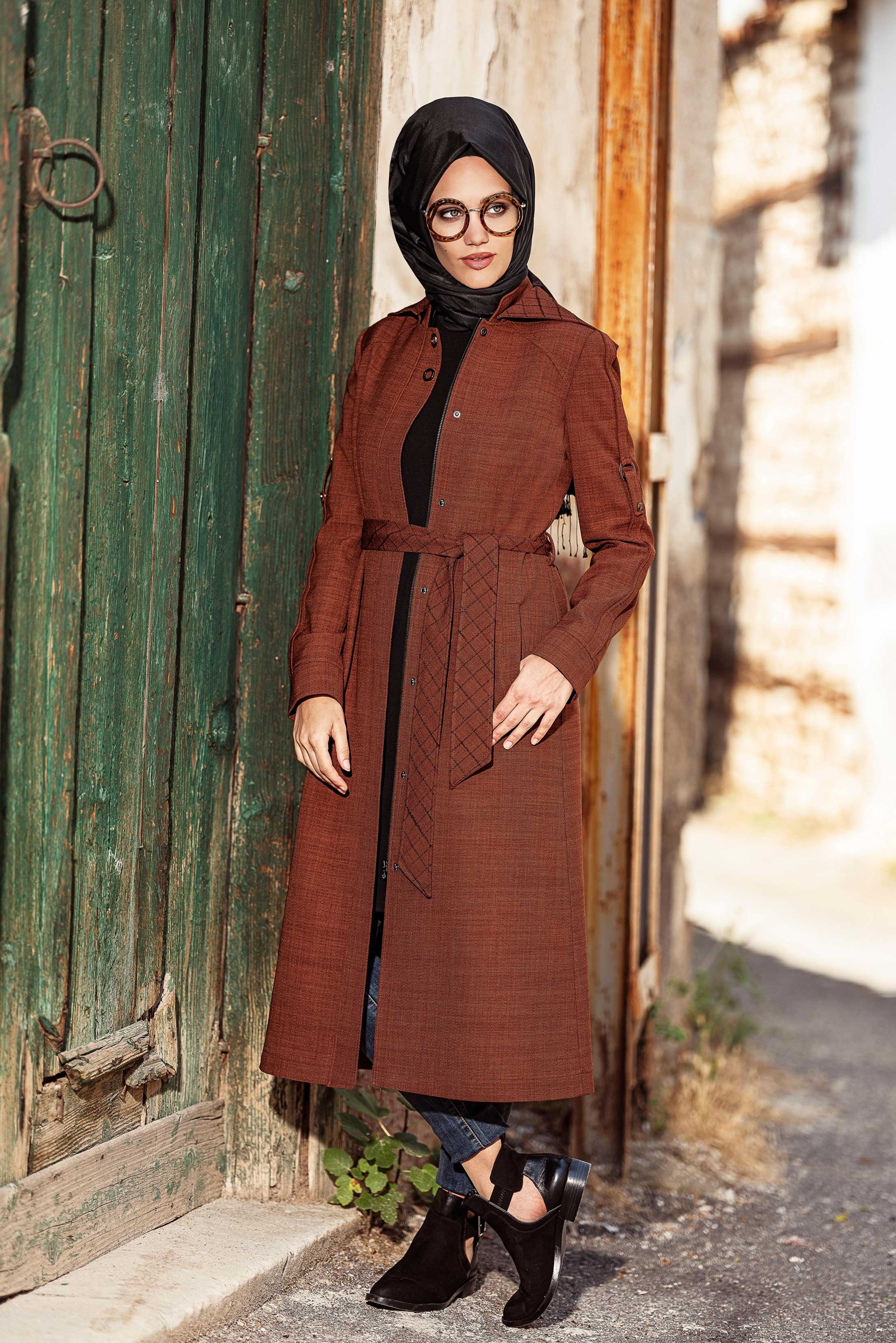 Hijab clothing BROWN HOODED BELTED TRENCH-COAT 1337 