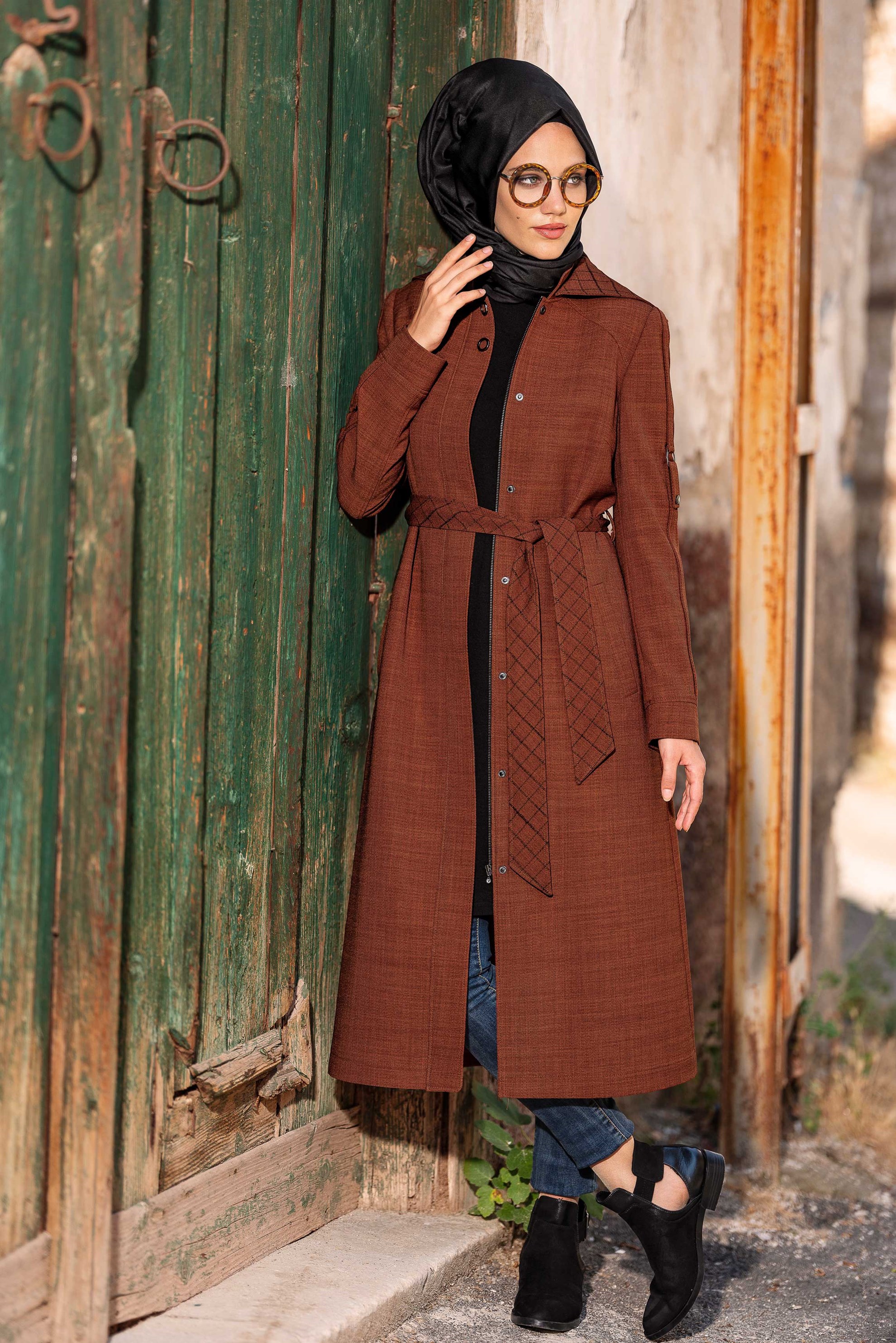 Hijab clothing BROWN HOODED BELTED TRENCH-COAT 1337 